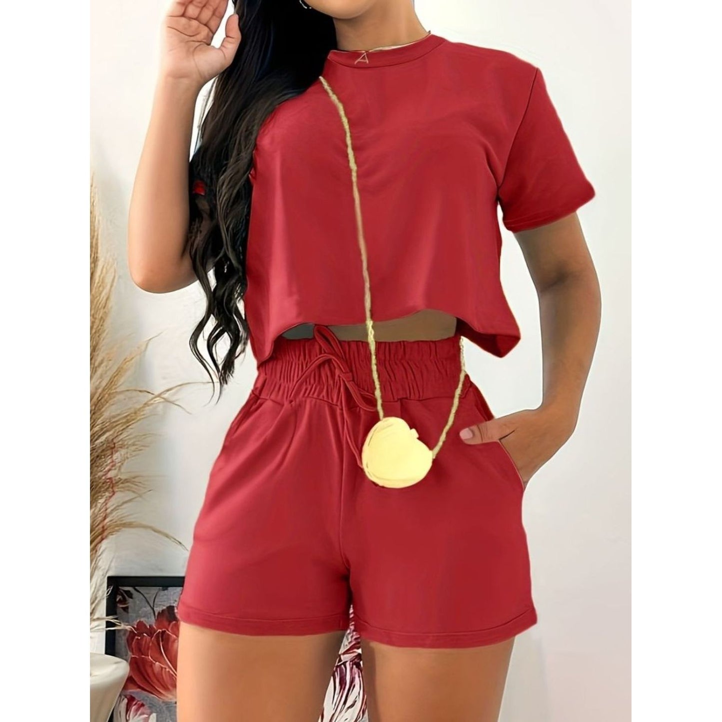 Full Size Round Neck Short Sleeve Top and Shorts Set