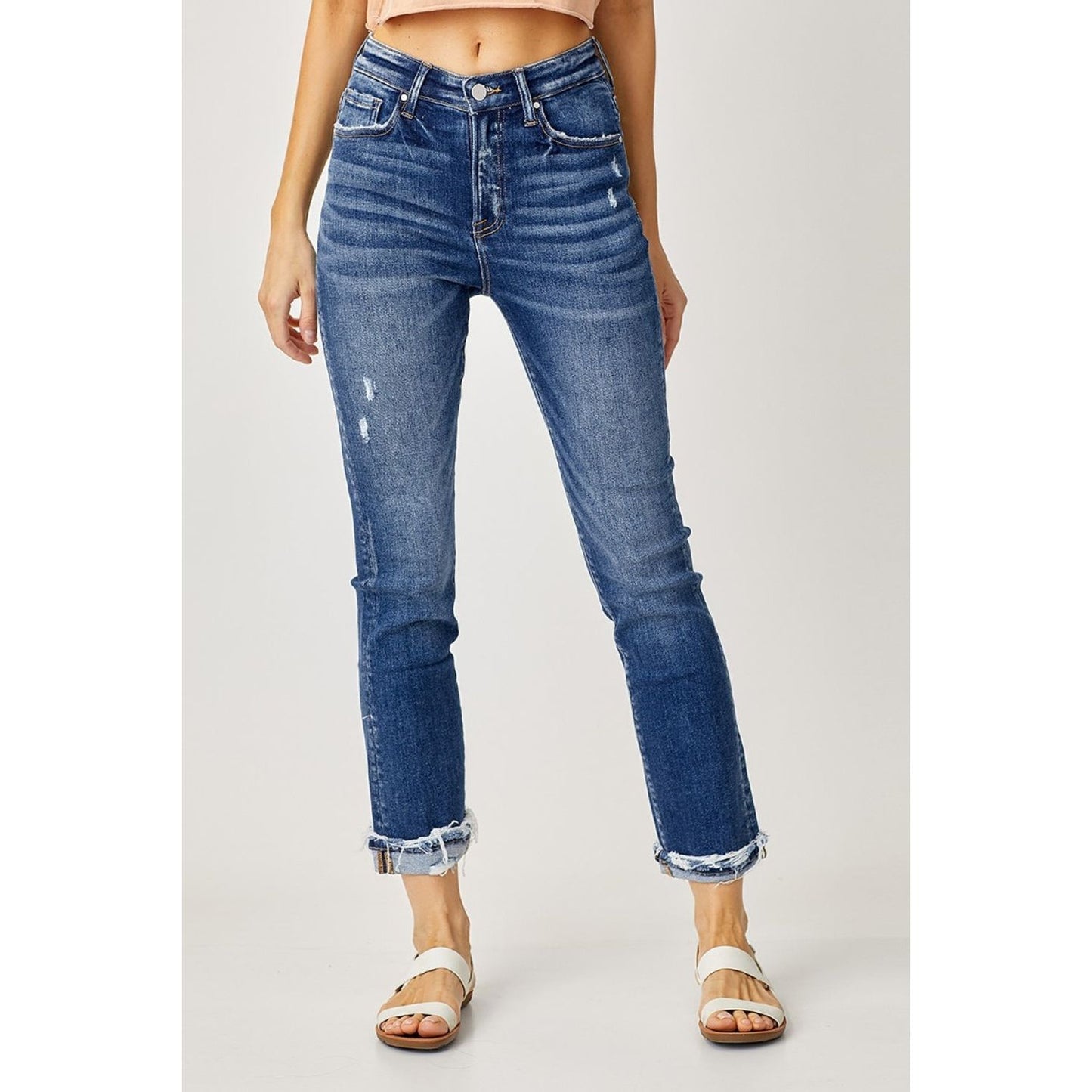 Risen Full Size High-Rise Frayed Cuffed Straight Jeans