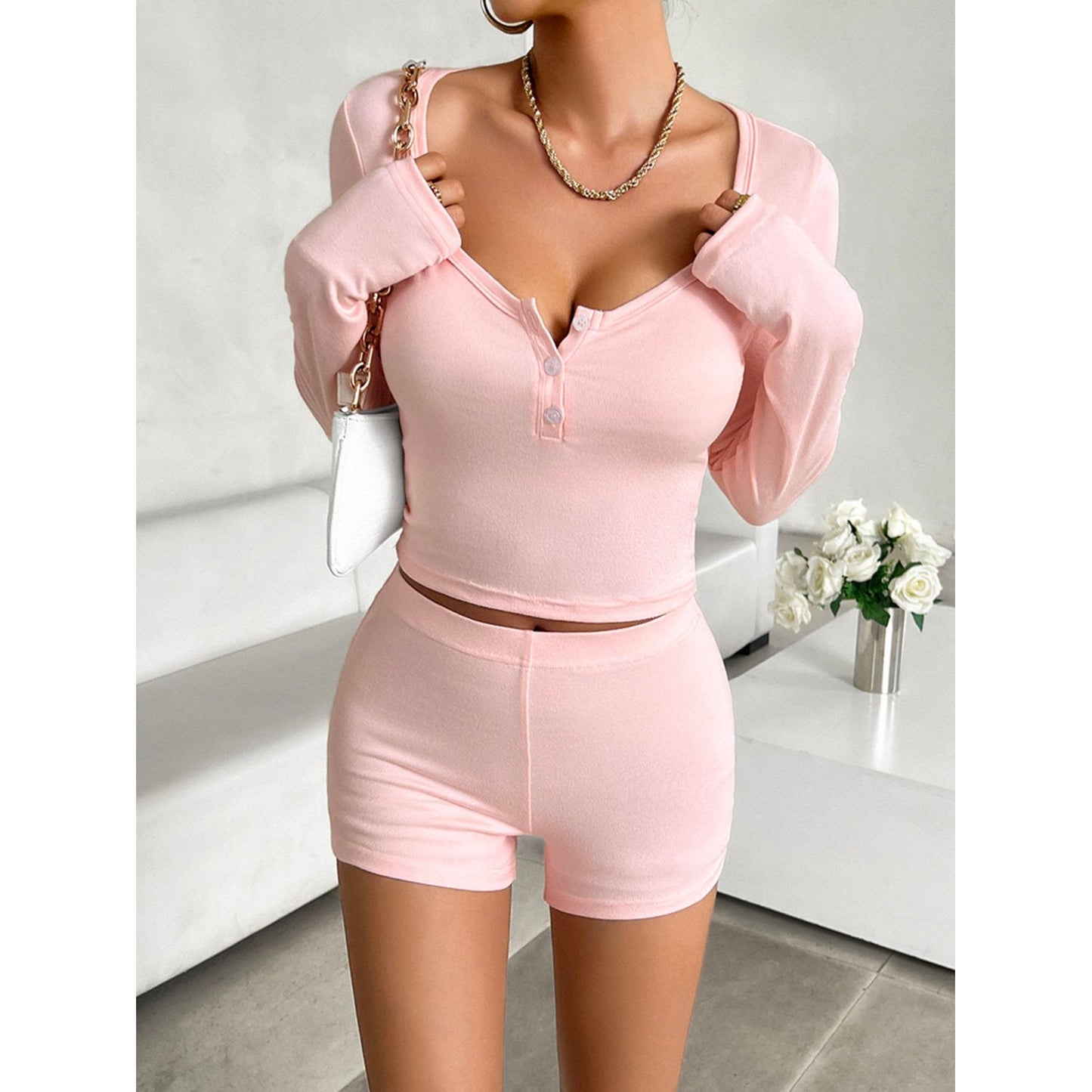 Devine Scoop Neck Long Sleeve Top and Shorts Set