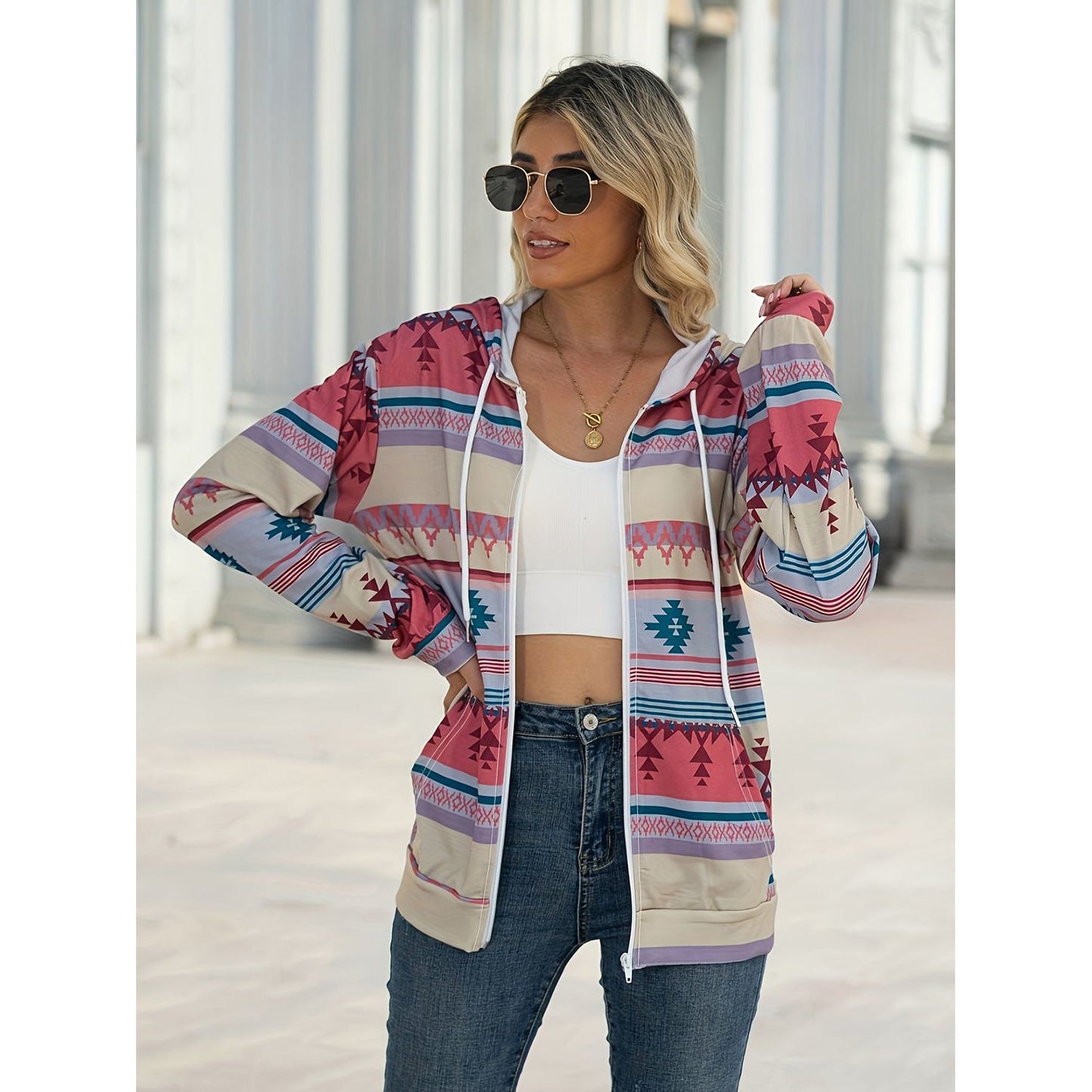 Geometric Zip Up Long Sleeve Hooded Jacket