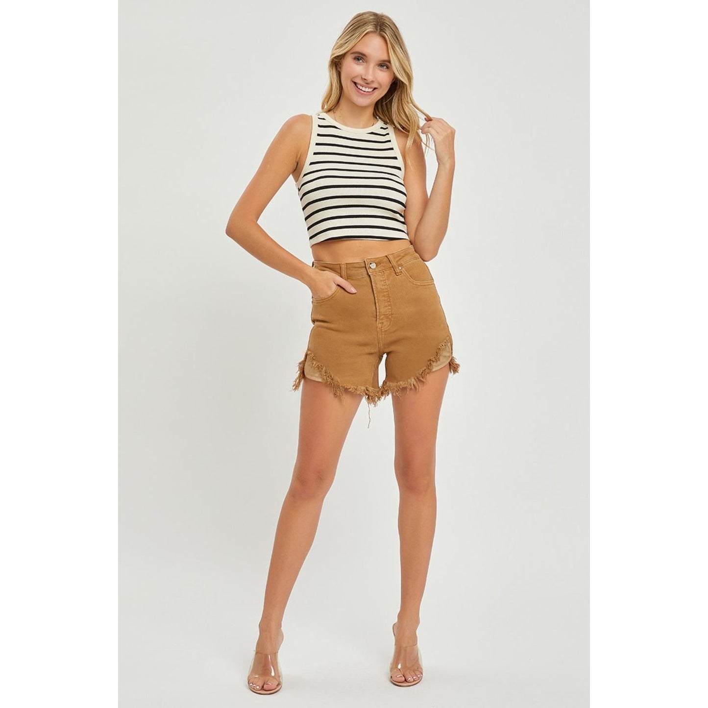 RISEN High Waist Frayed Hem Denim Shorts