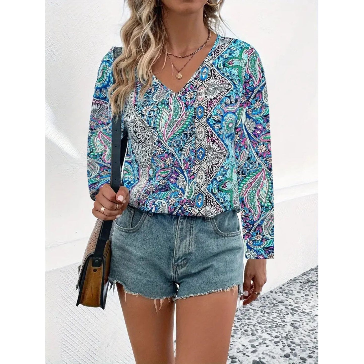 Printed V-Neck Long Sleeve Blouse