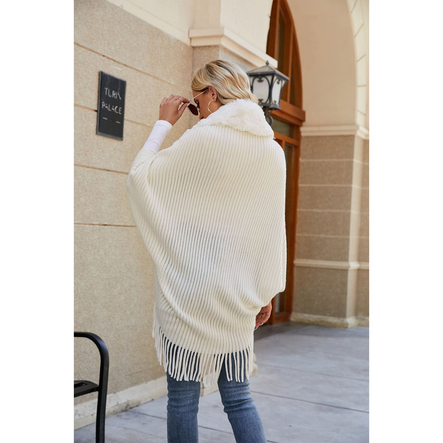 Fringe Detail Long Sleeve Ribbed Poncho