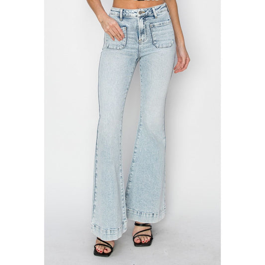 Risen Full Size High Rise Front Patch Pocket Flare Jeans