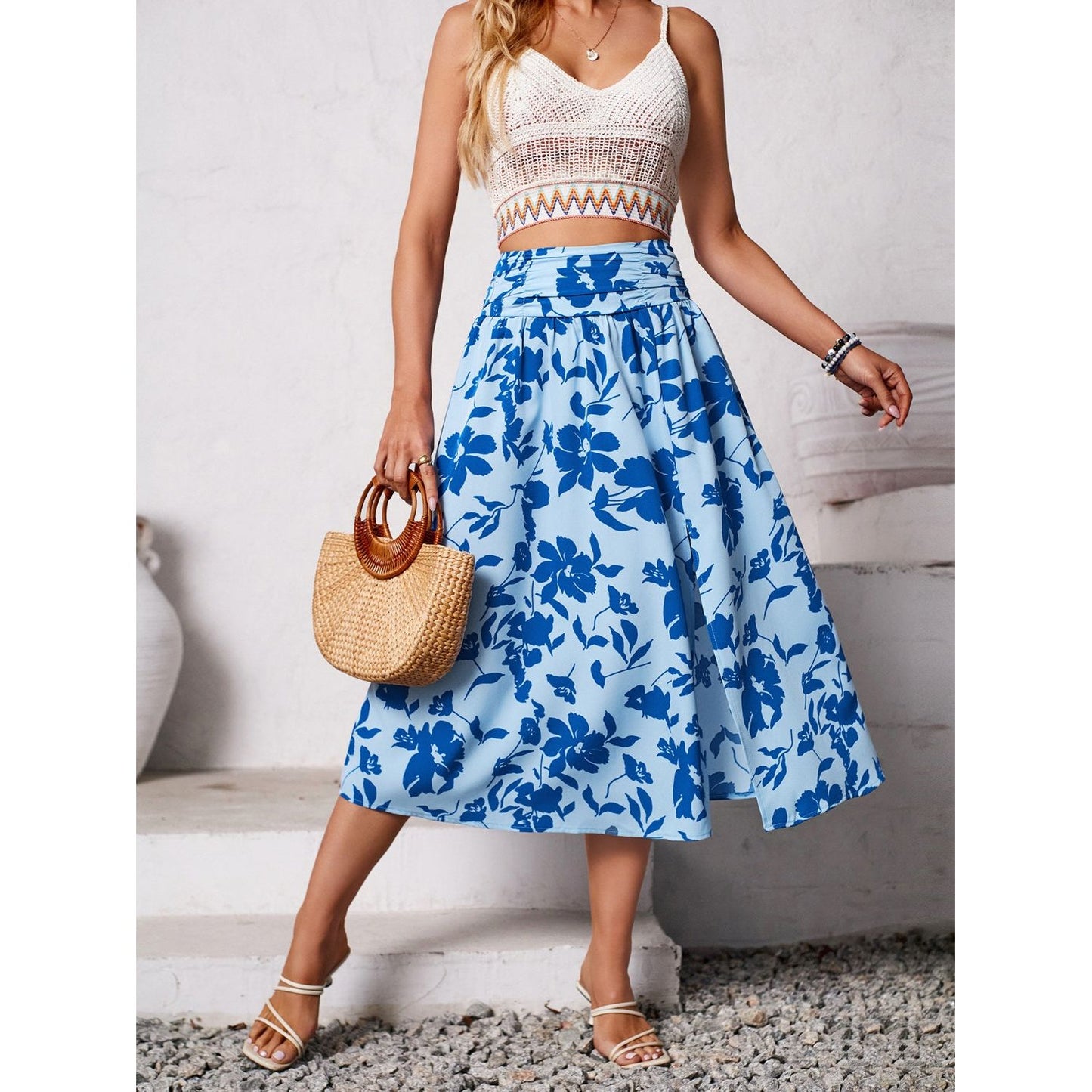 Slit Printed Midi Skirt