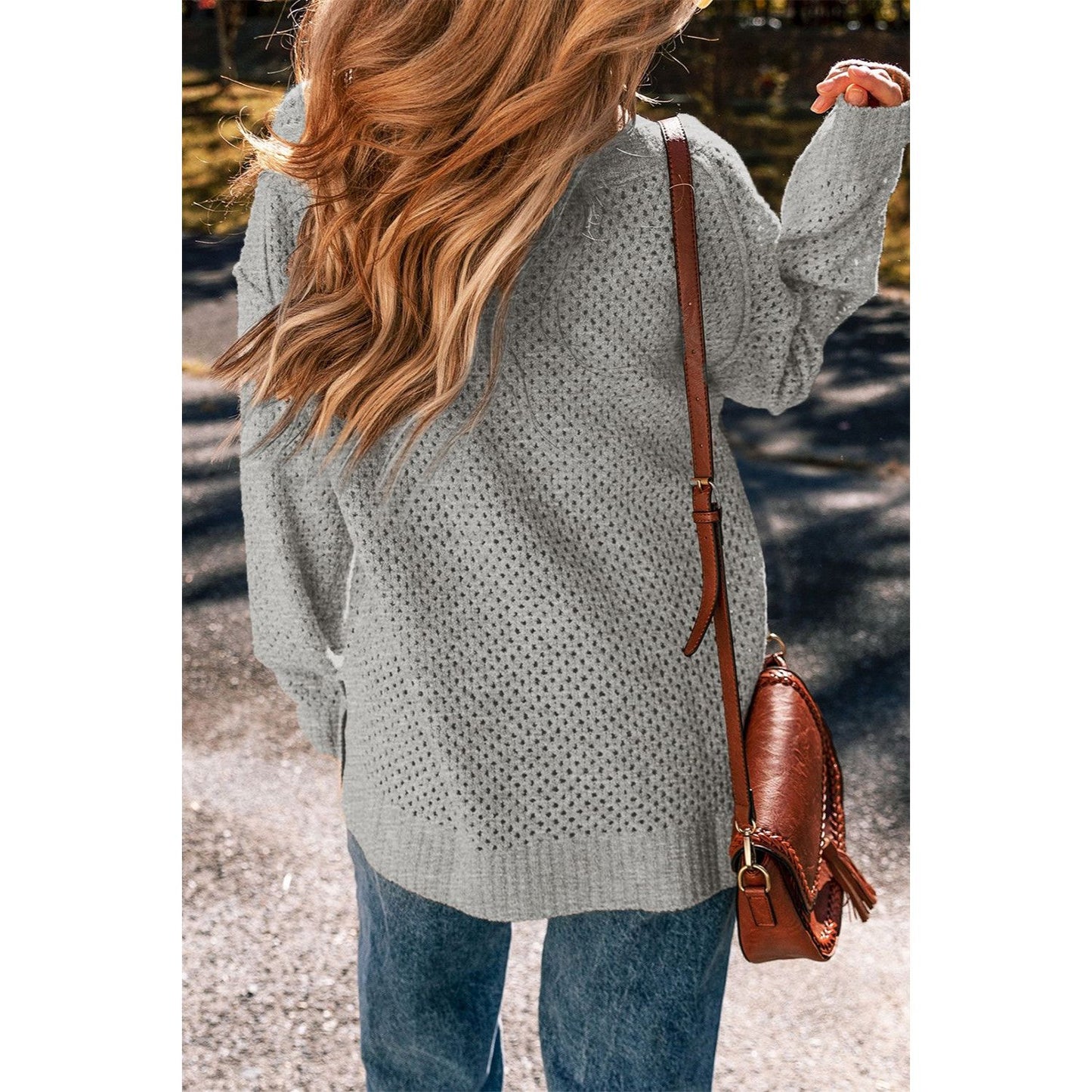 Openwork V-Neck Dropped Shoulder Sweater