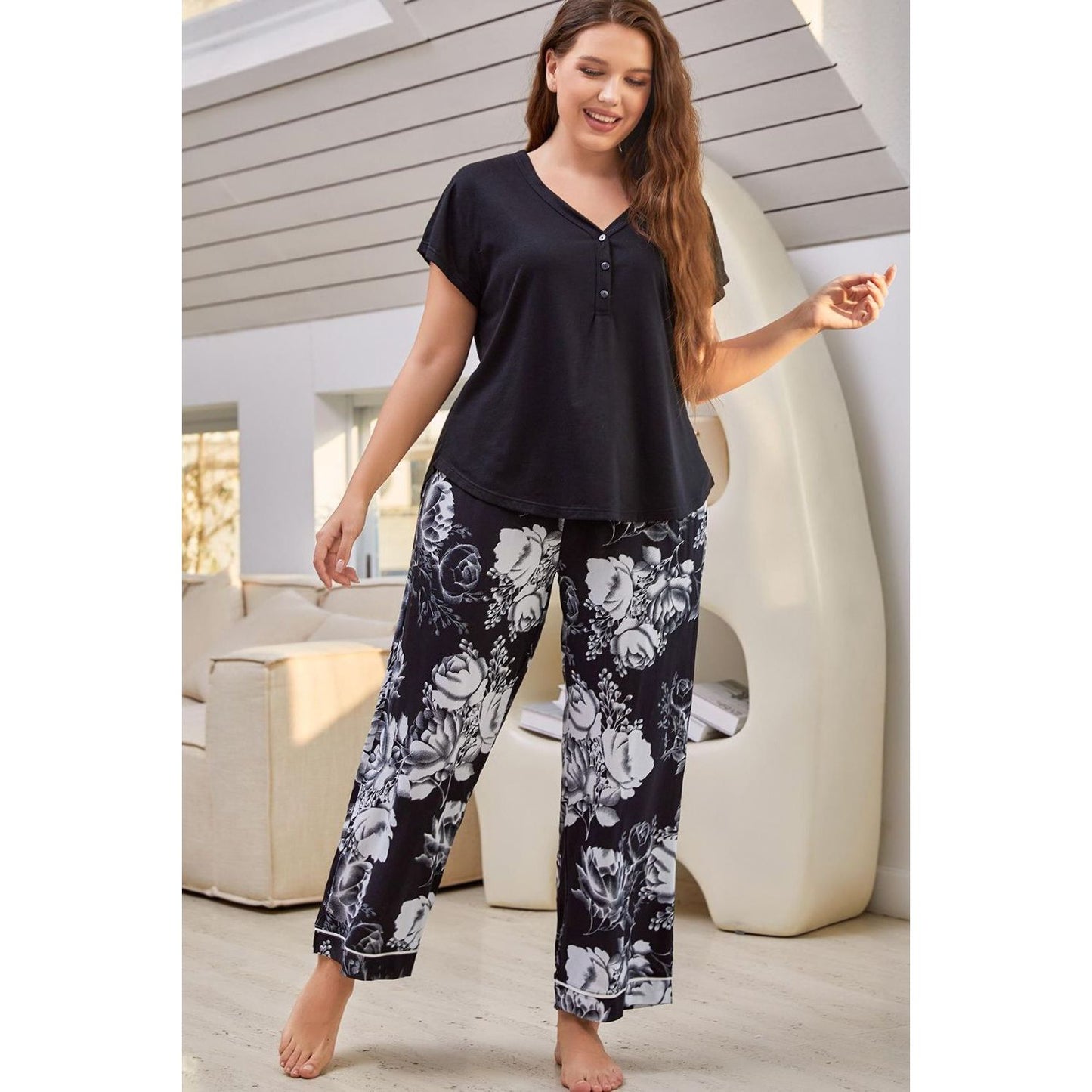 Full Size V-Neck Top and Floral Pants Lounge Set