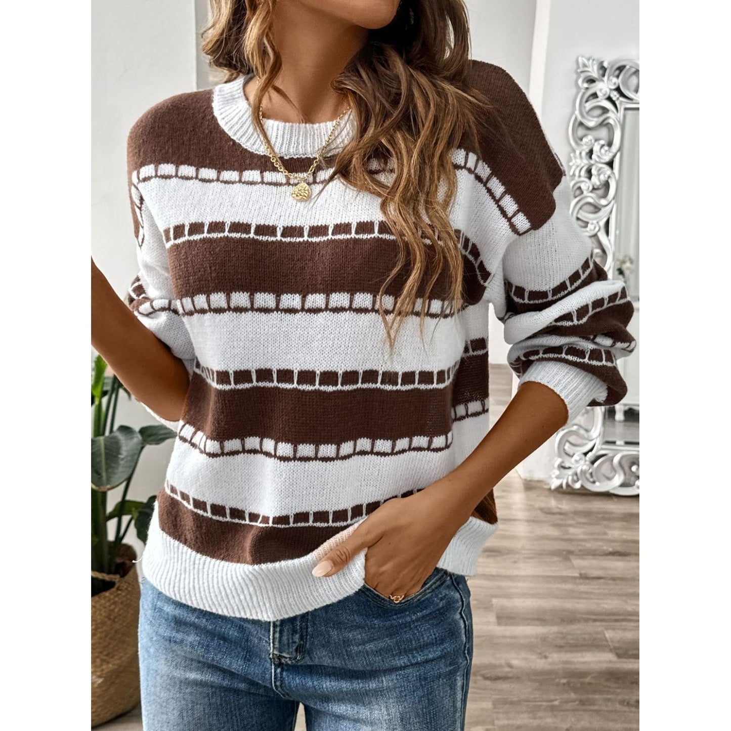 Striped Round Neck Long Sleeve Sweater