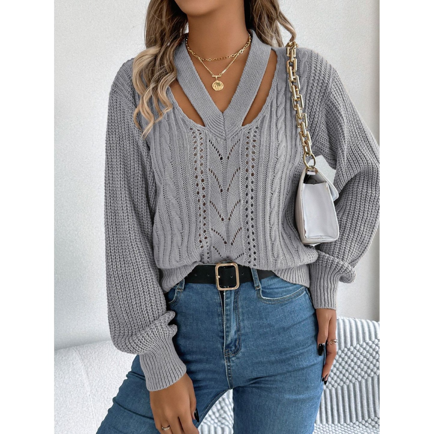 Cutout V-Neck Long Sleeve Sweater