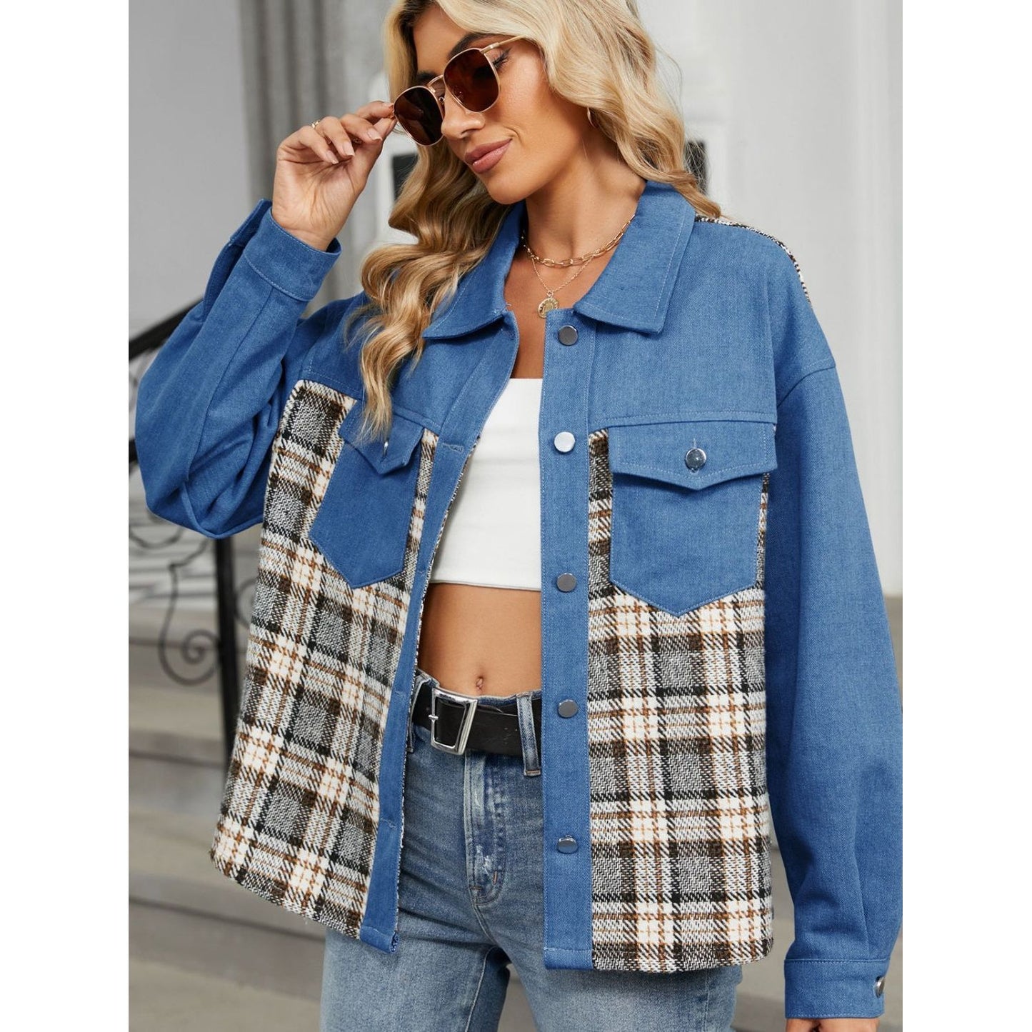 Plaid Button Up Long Sleeve Denim Jacket