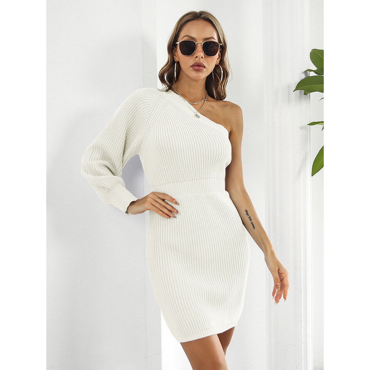 One-Shoulder Mini Sweater Dress