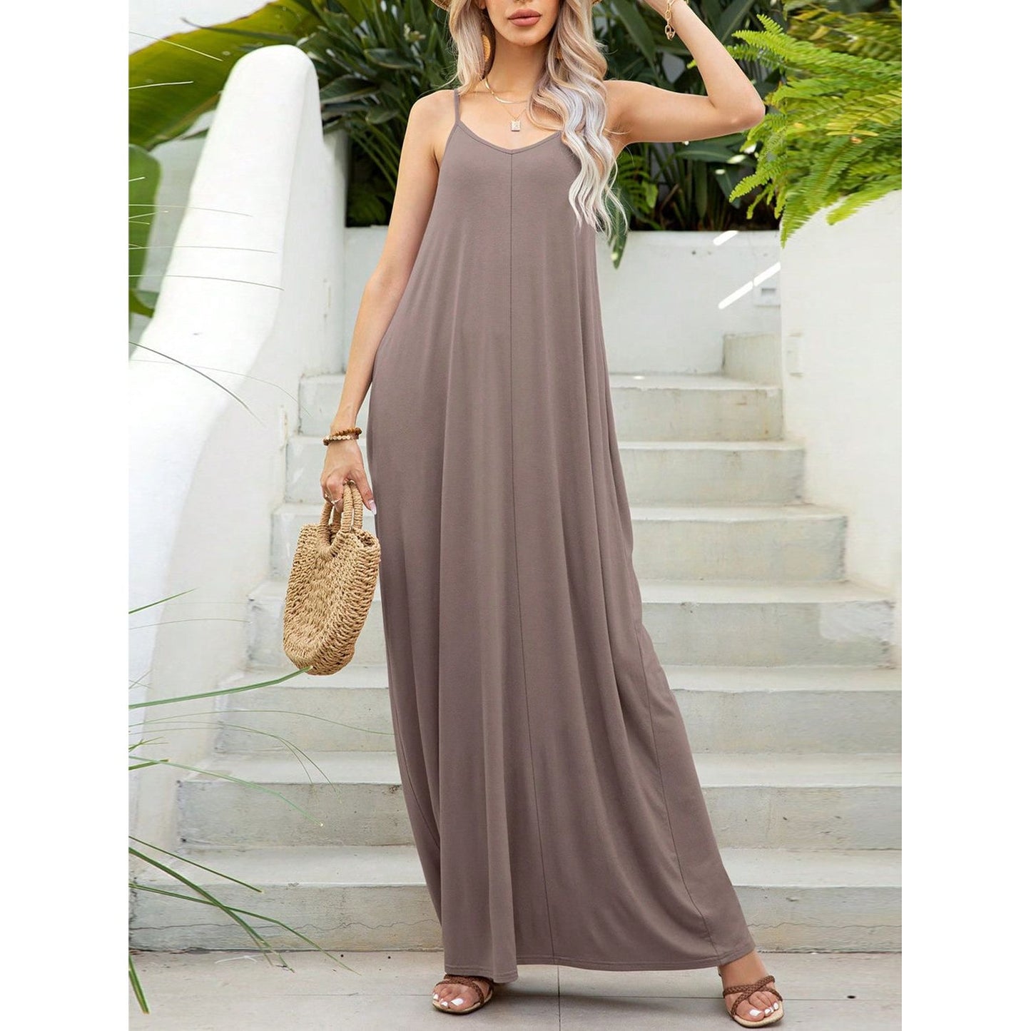 V-Neck Maxi Cami Dress with Pockets