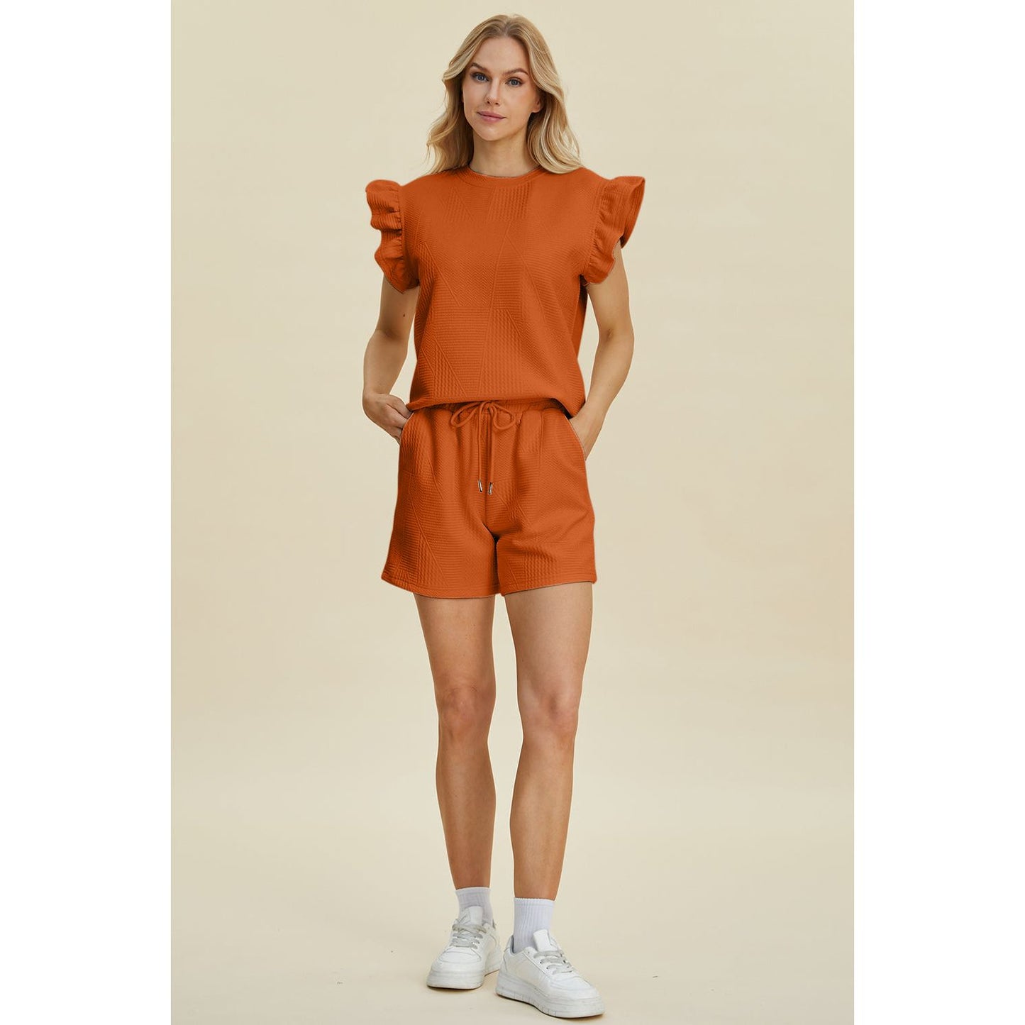 Double Take Full Size Texture Round Neck Ruffle Sleeve Top and Shorts Set