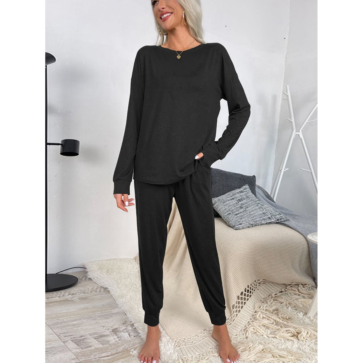 Shiny Round Neck Top and Drawstring Pants Lounge Set