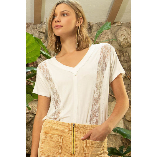 POL Inset Lace Outseam Detail Short Sleeve V-Neck T-Shirt