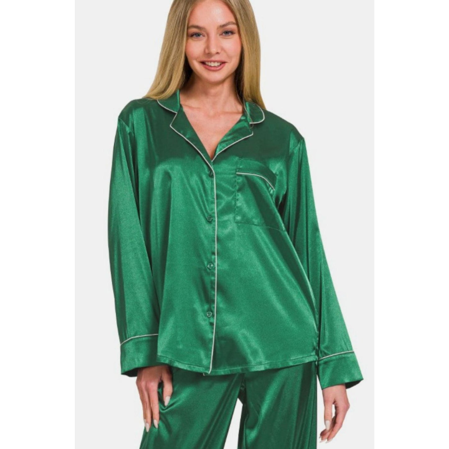 Zenana Satin Long Sleeve Shirt and Pants Pajama Set