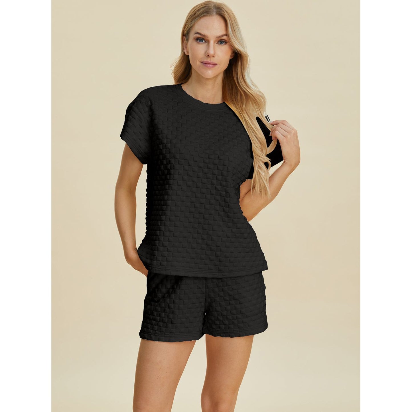 Double Take Full Size Texture T-Shirt and Shorts Set