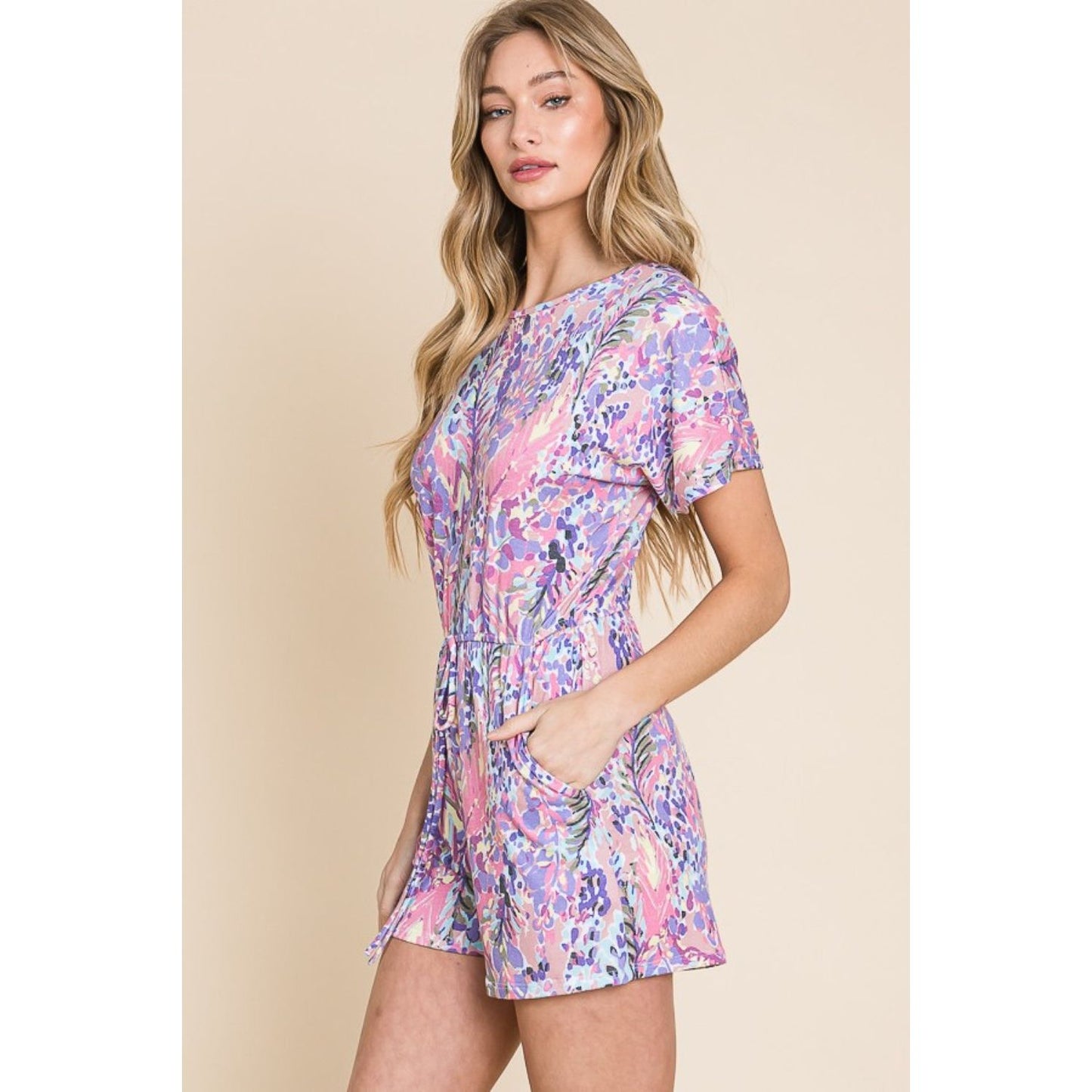 BOMBOM Print Short Sleeve Romper with Pockets