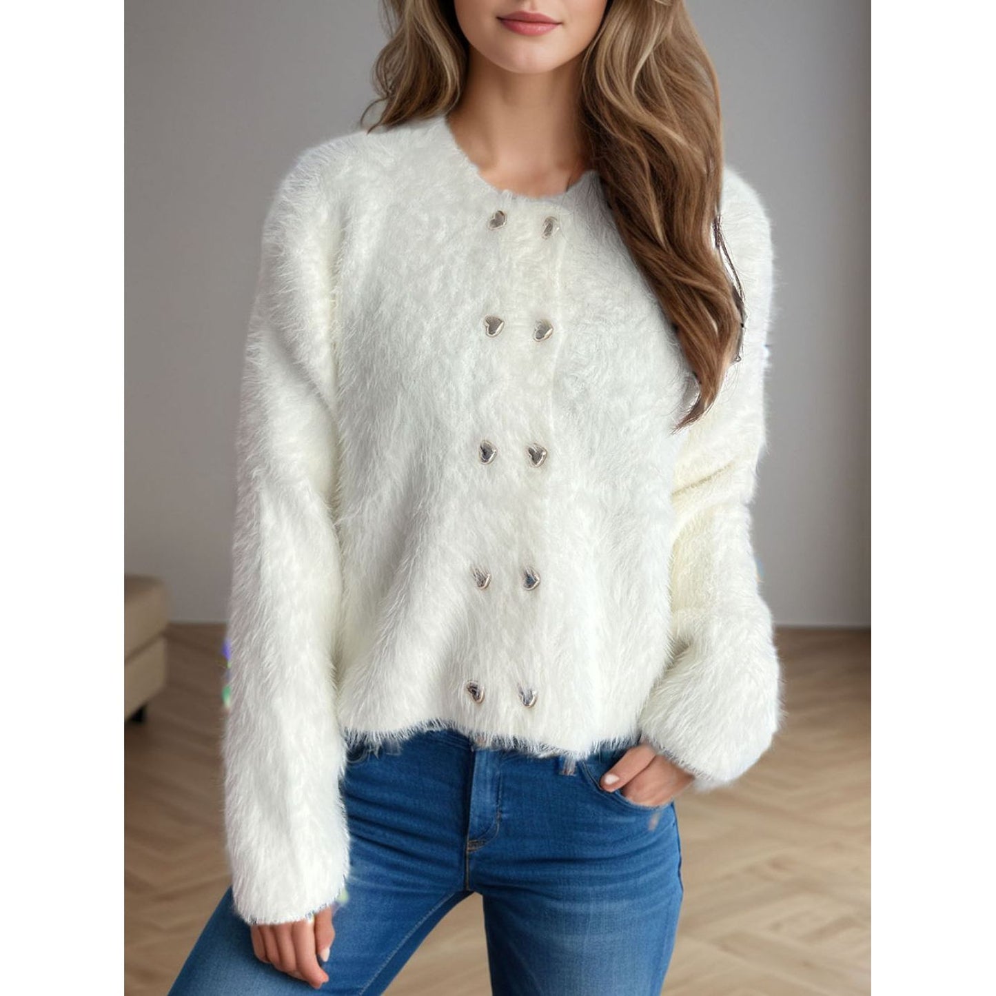 Heart Button Round Neck Cardigan