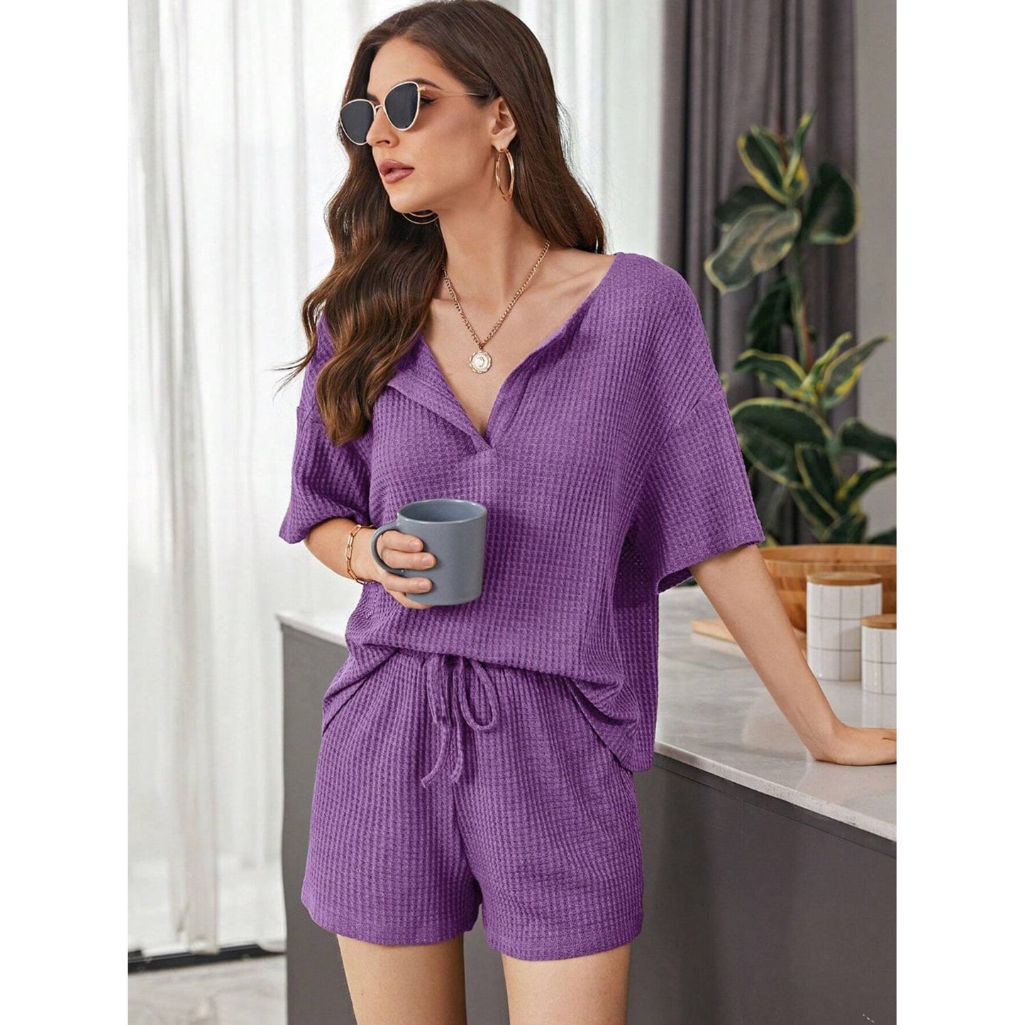 Full Size Waffle-Knit Dropped Shoulder Top and Shorts Set