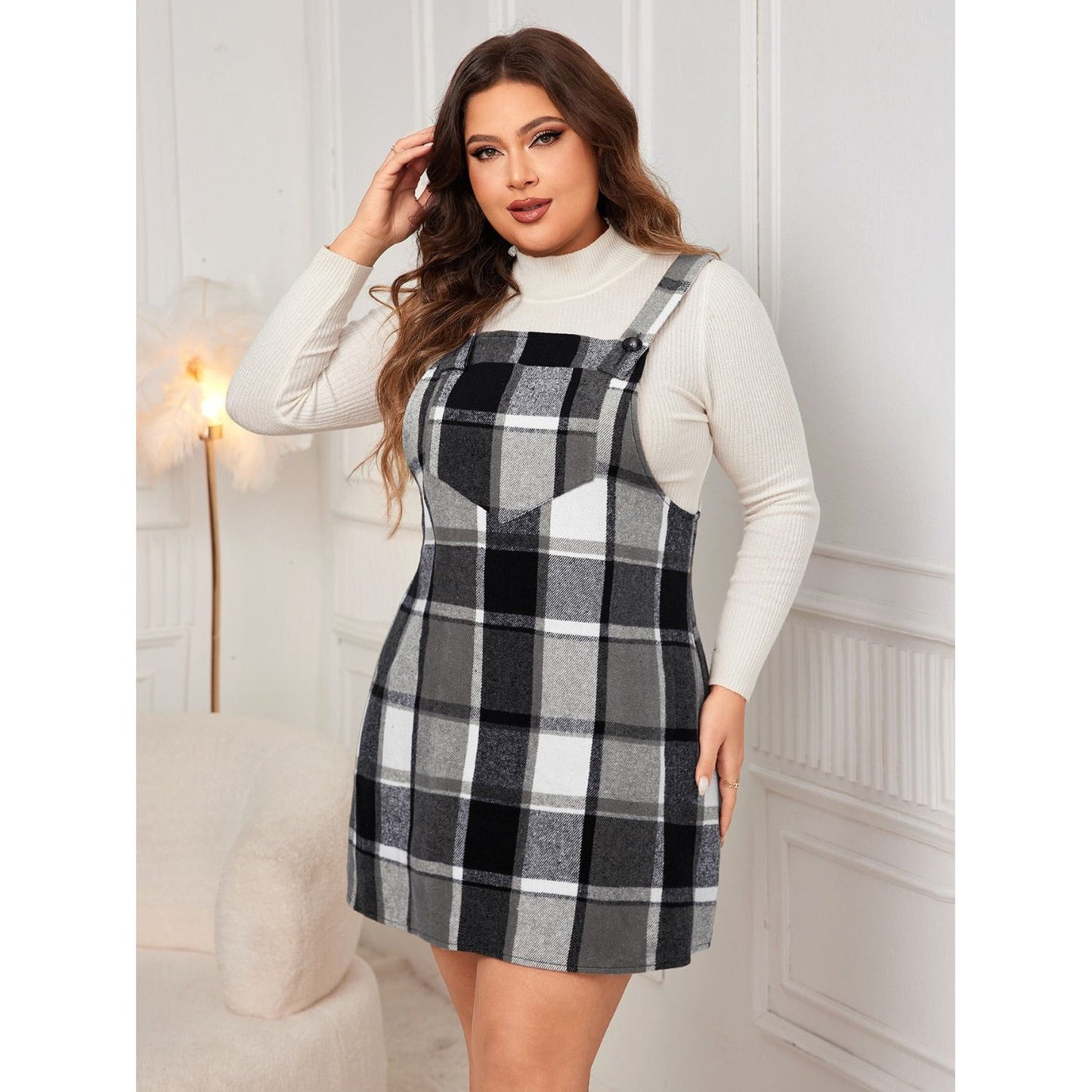 Honey Plus Size Plaid Wide Strap Overall Dress