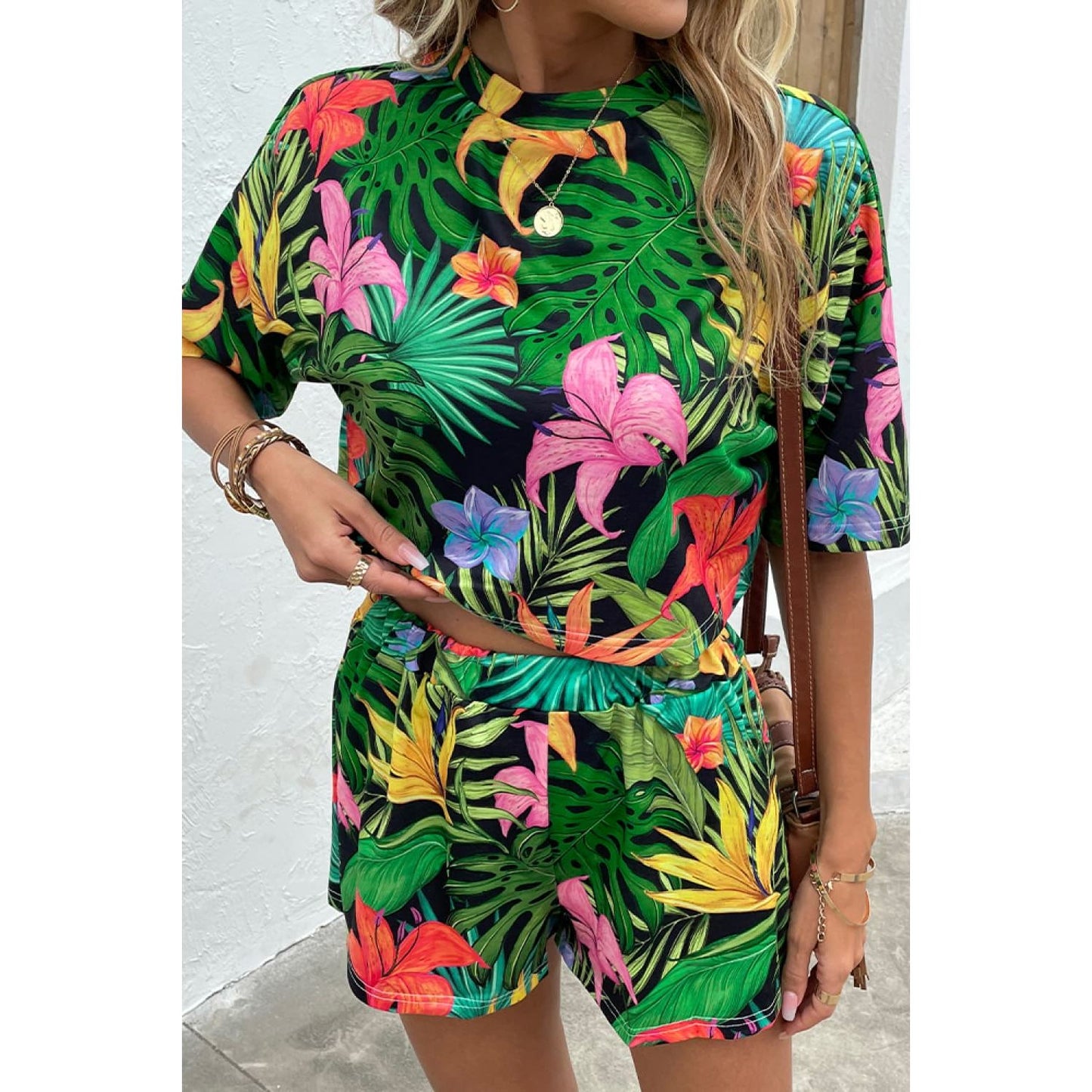 Shiny Printed Half Sleeve Top and Shorts Lounge Set