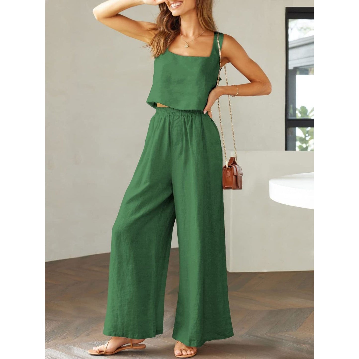 Square Neck Top and Wide Leg Pants Set