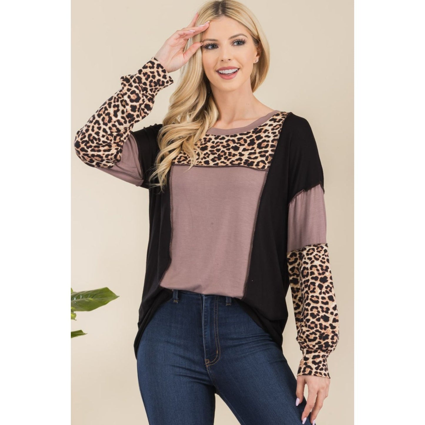 Celeste Full Size Leopard Color Block Exposed Seam T-Shirt