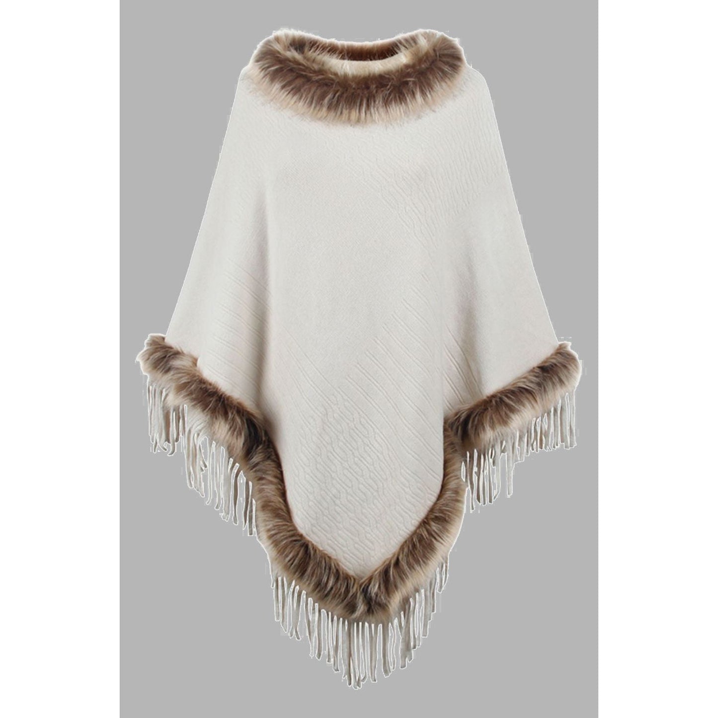 Faux Fur Trim Fringed Poncho