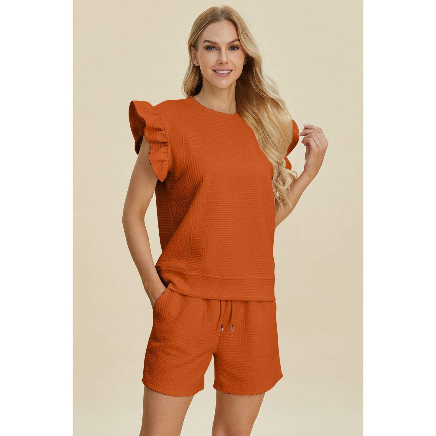 Double Take Full Size Texture Round Neck Ruffle Sleeve Top and Shorts Set