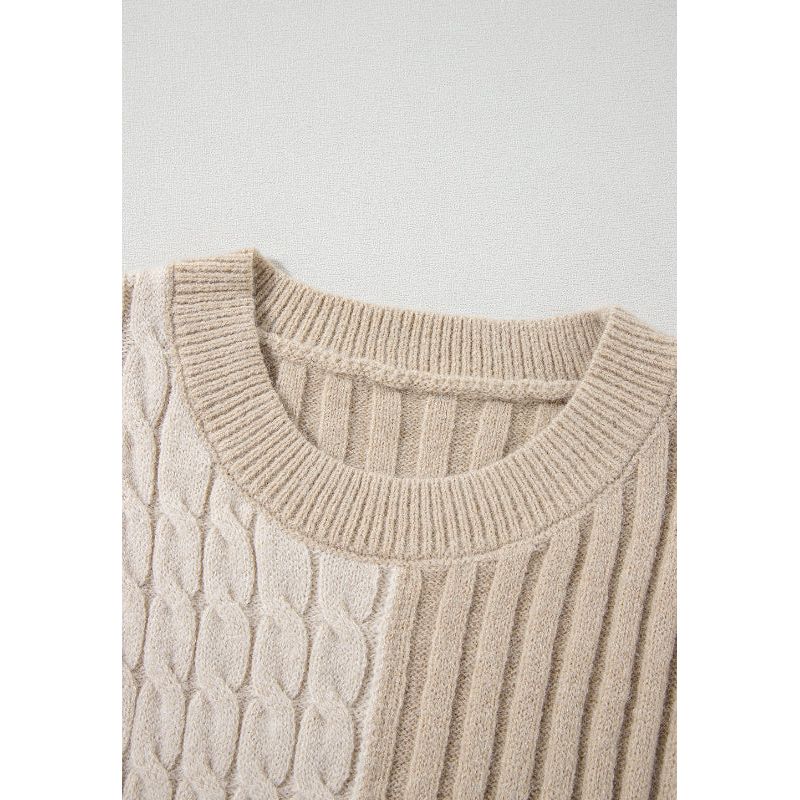 Cable-Knit Color Block Round Neck Sweater