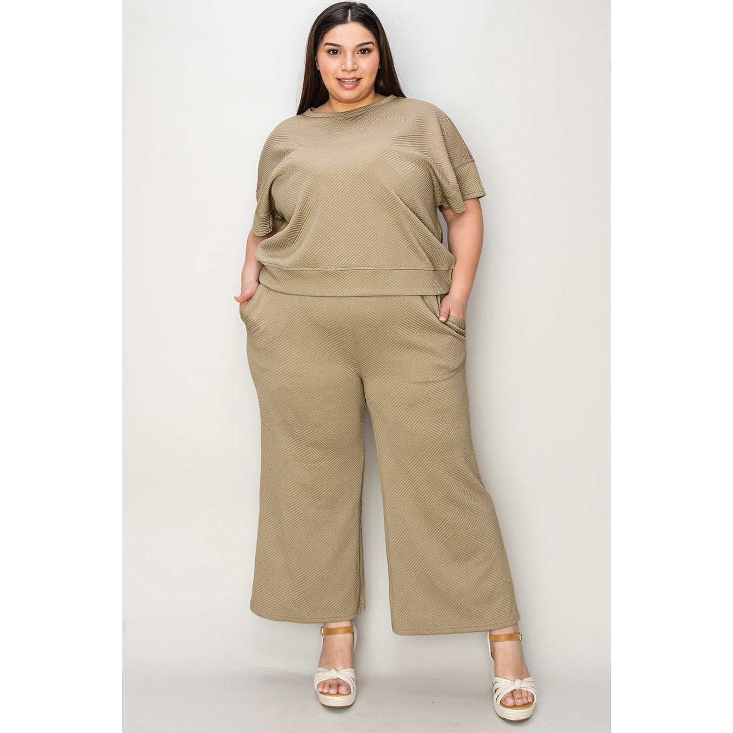 Double Take Full Size Texture Short Sleeve Top and Pants Set