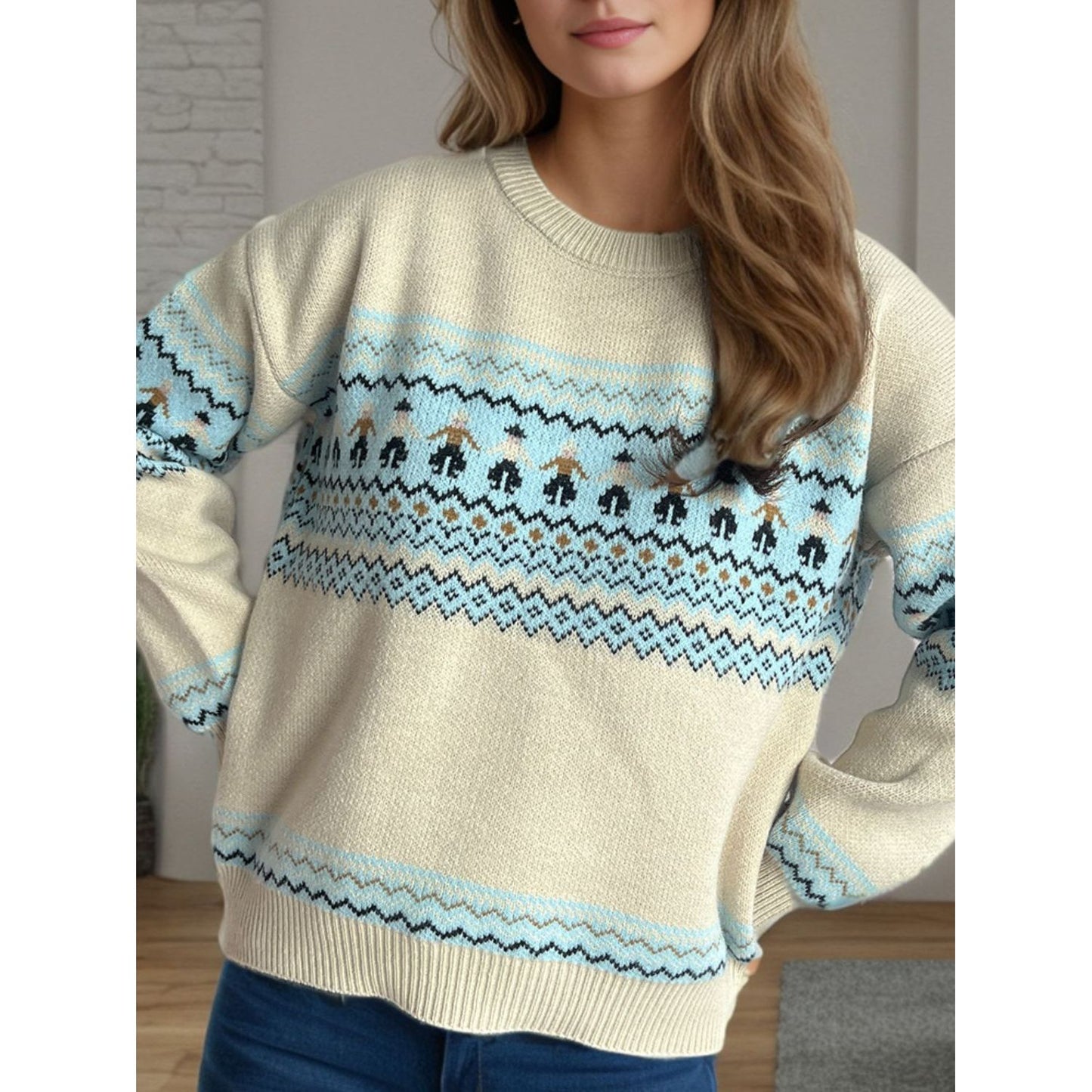 Contrast Round Neck Dropped Shoulder Sweater