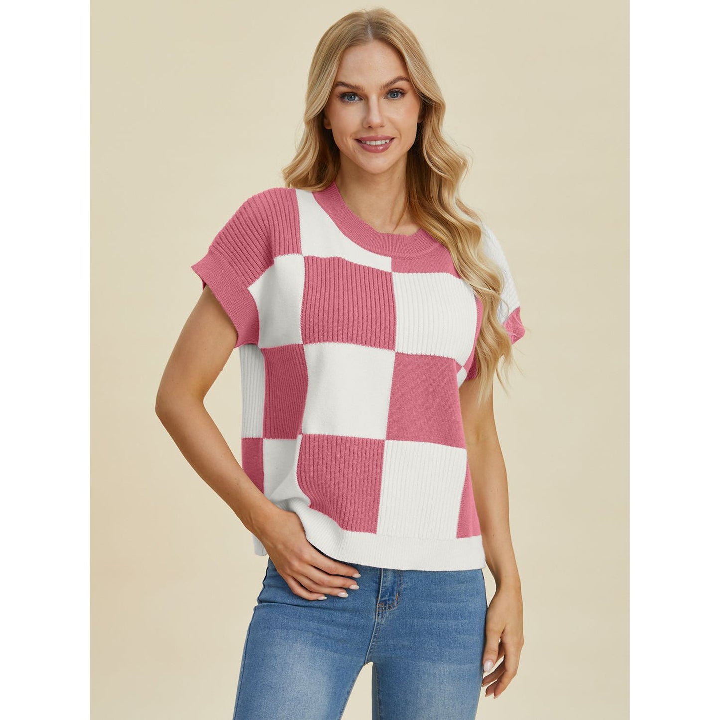 Double Take Full Size Checkered Round Neck Short Sleeve Sweater