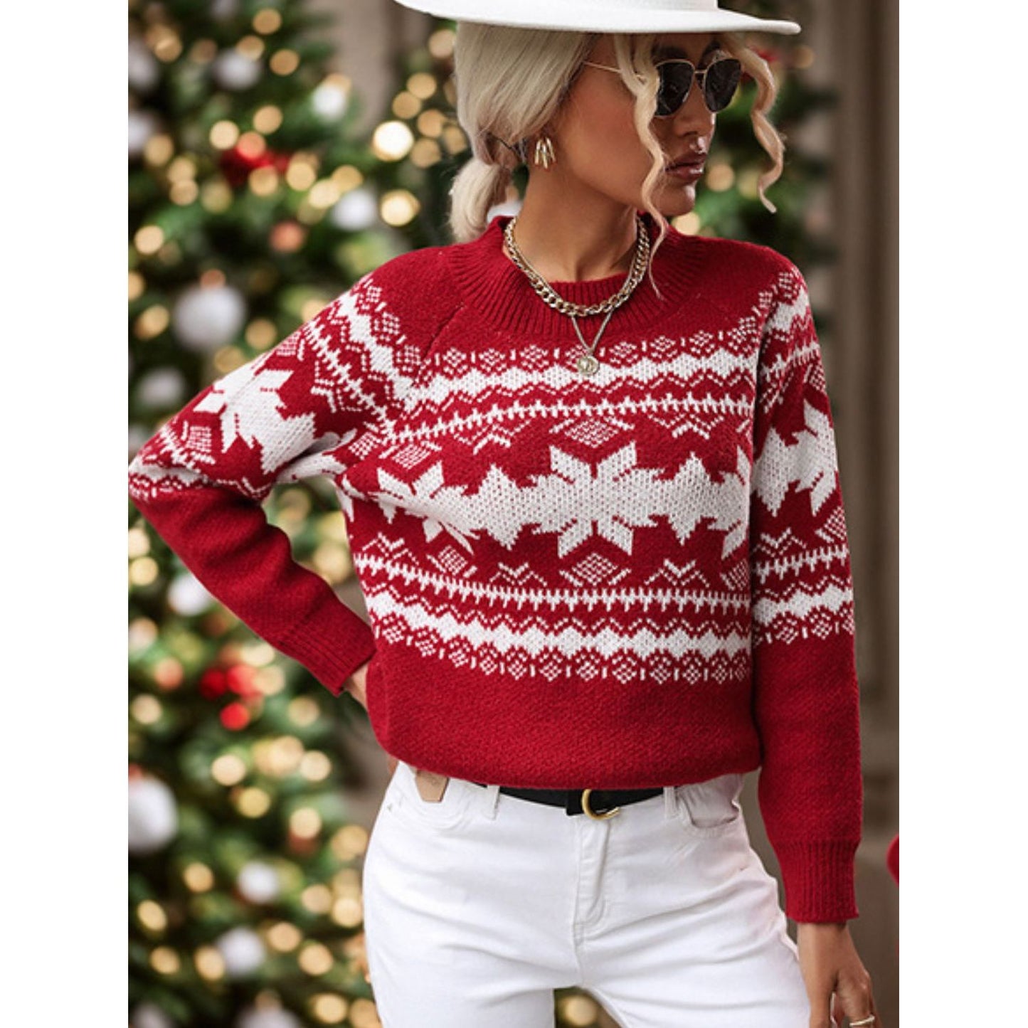 Perfee Geometric Round Neck Long Sleeve Sweater