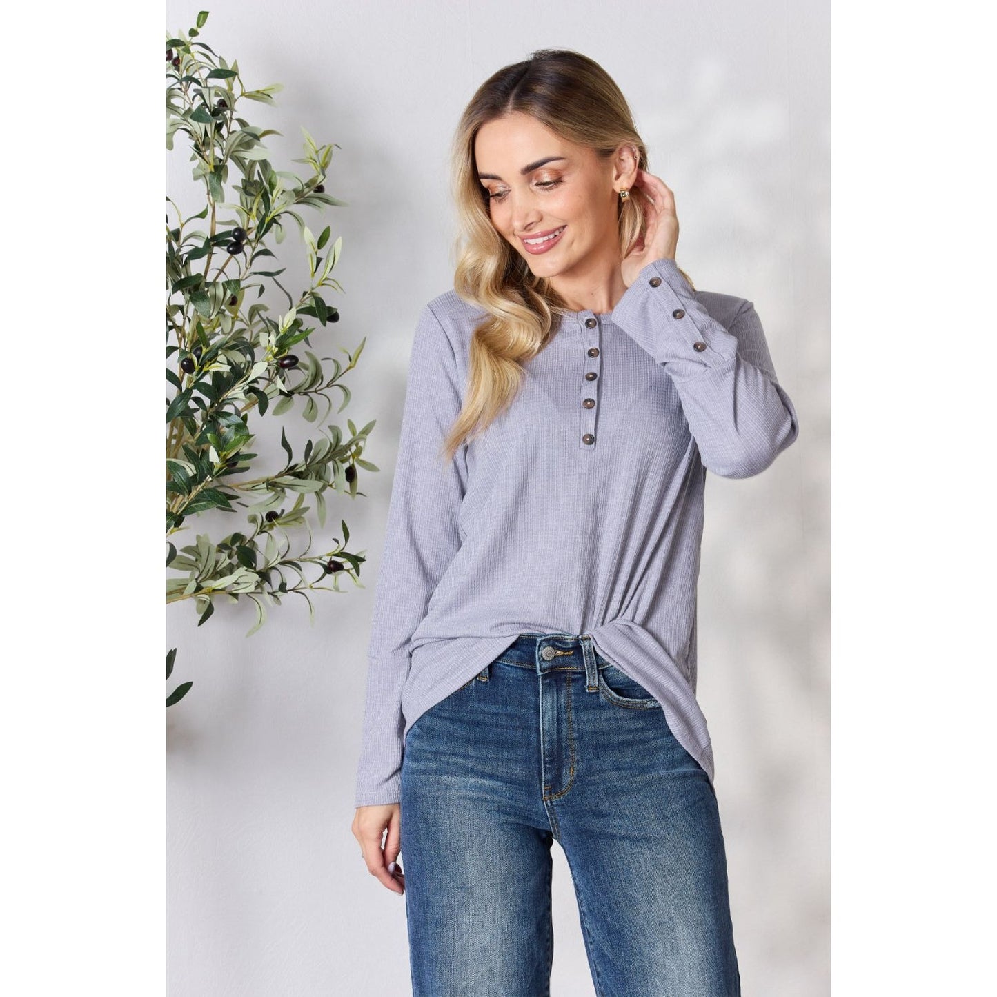 Heimish Full Size Texture Half Button Long Sleeve Top