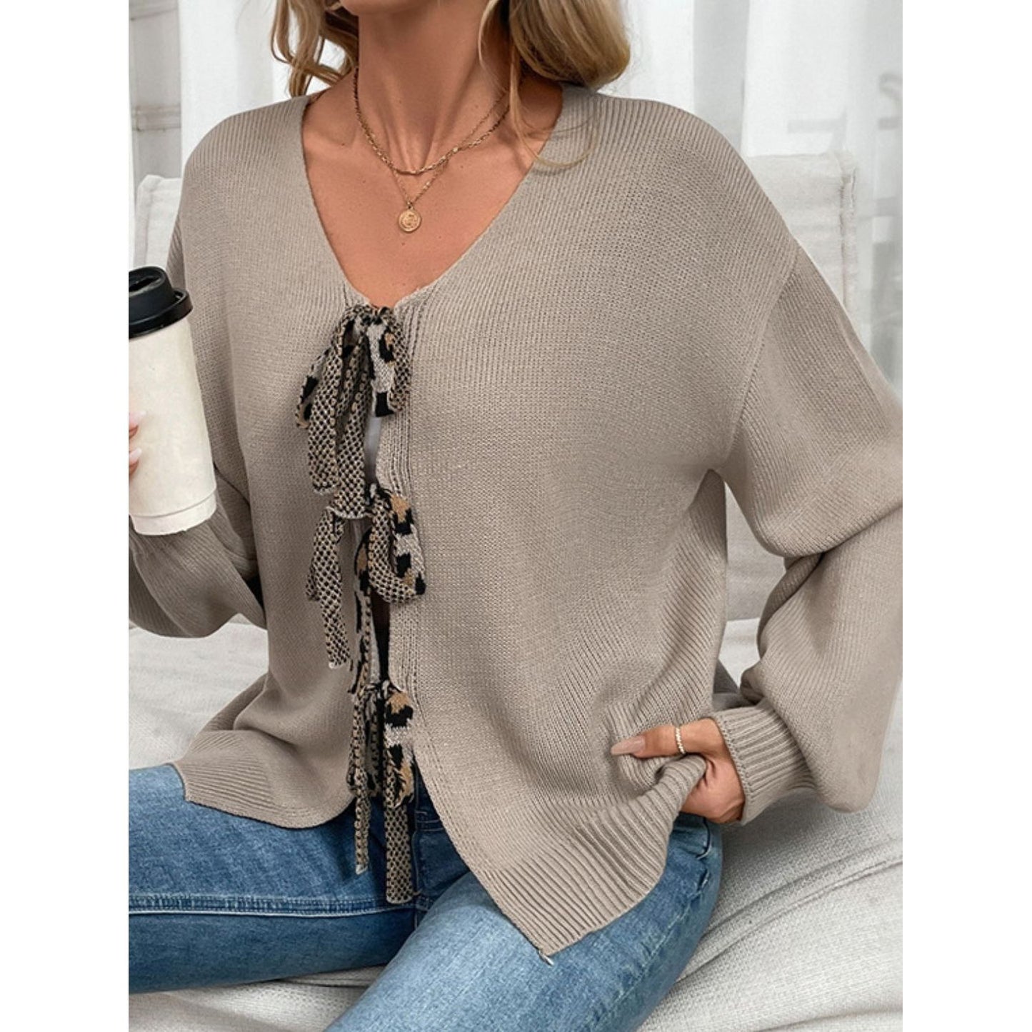 Perfee Tied Contrast Heart V-Neck Long Sleeve Cardigan