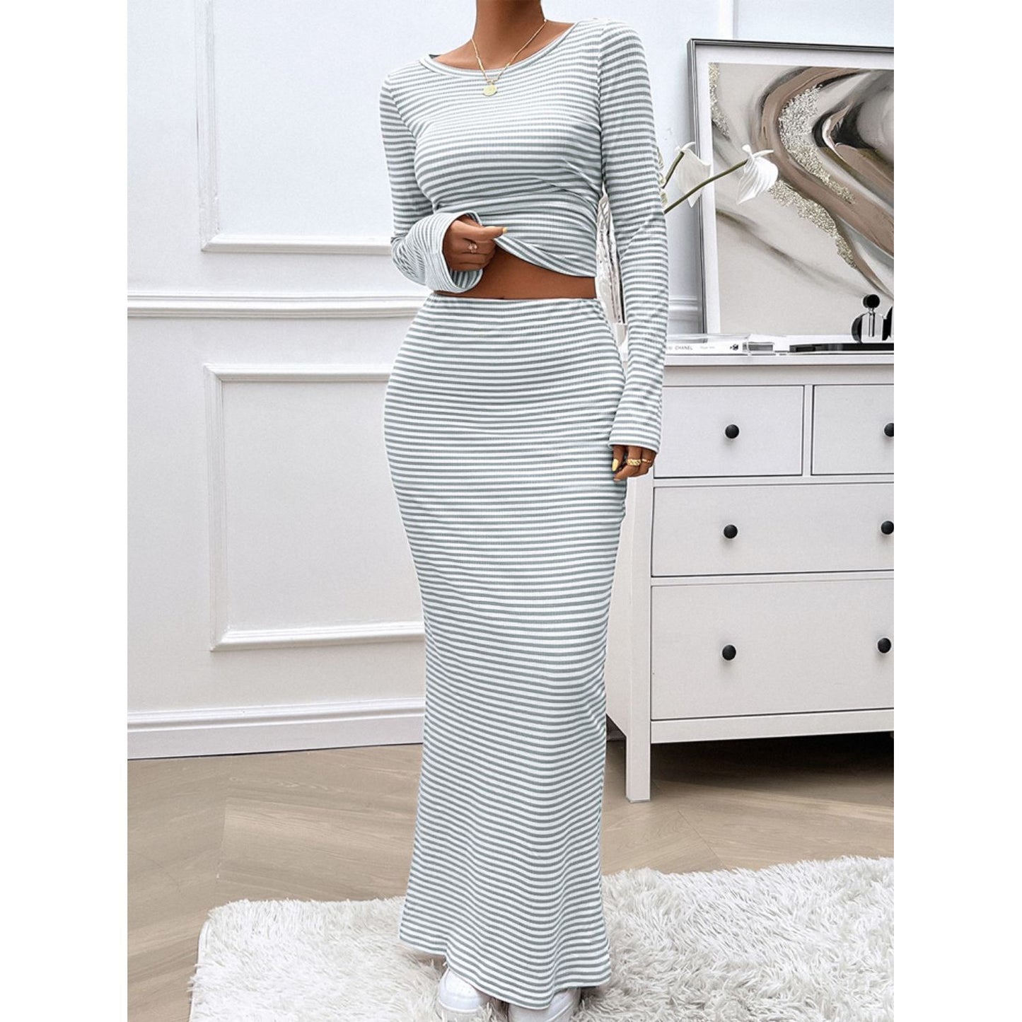 Devine Striped Boat Neck Top and Skirt Set