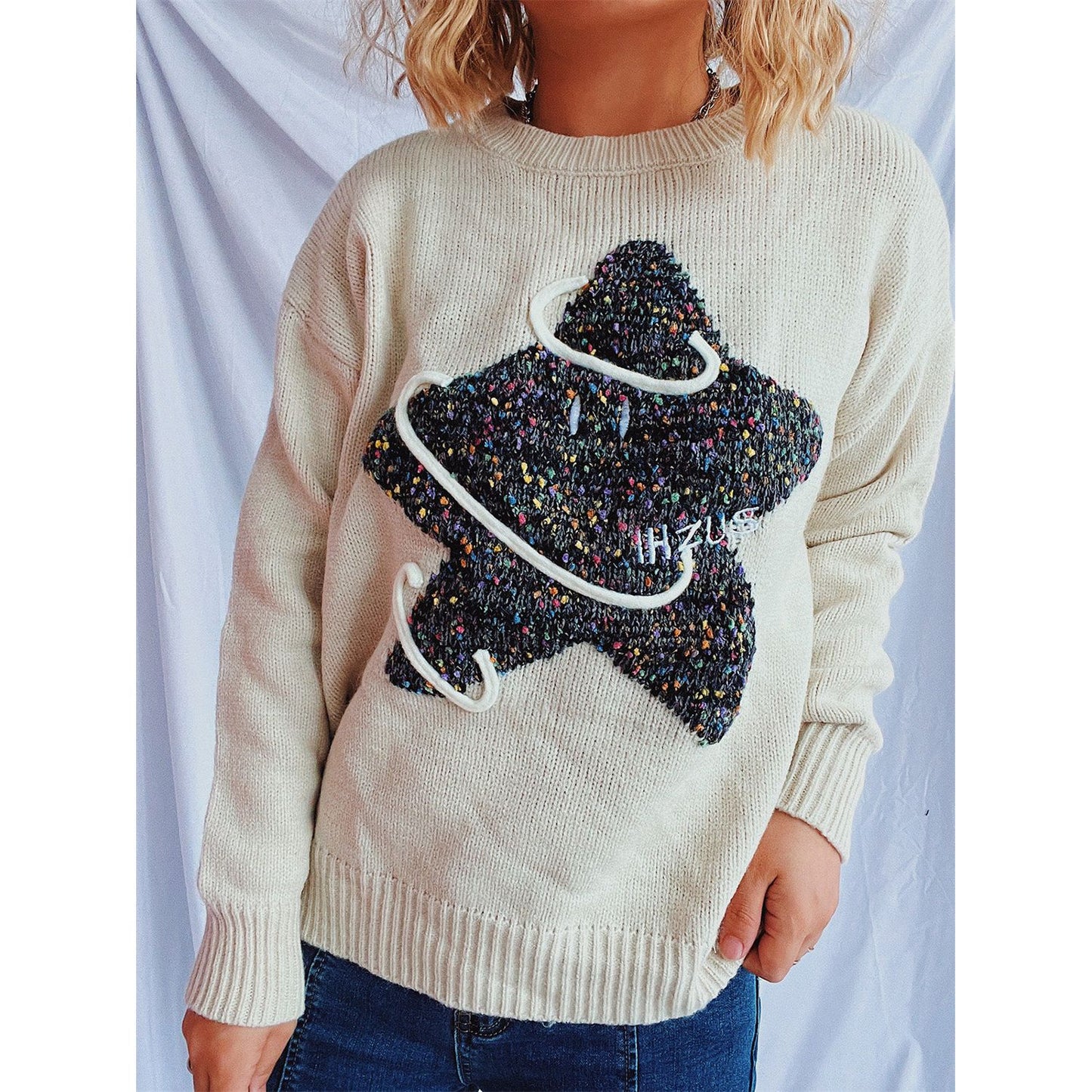 Contrast Star Round Neck Long Sleeve Sweater