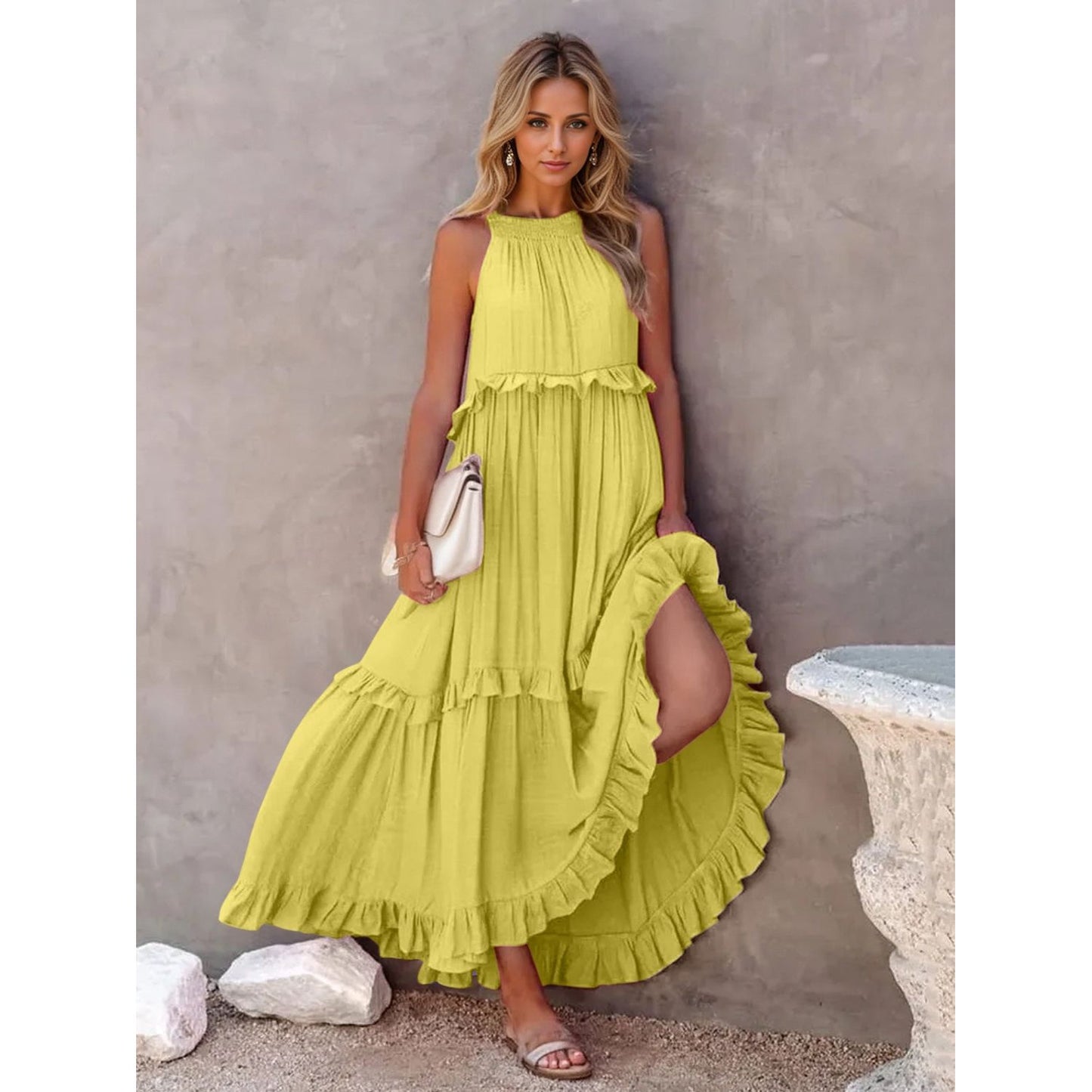 Ruffled Sleeveless Tiered Maxi Dress with Pockets