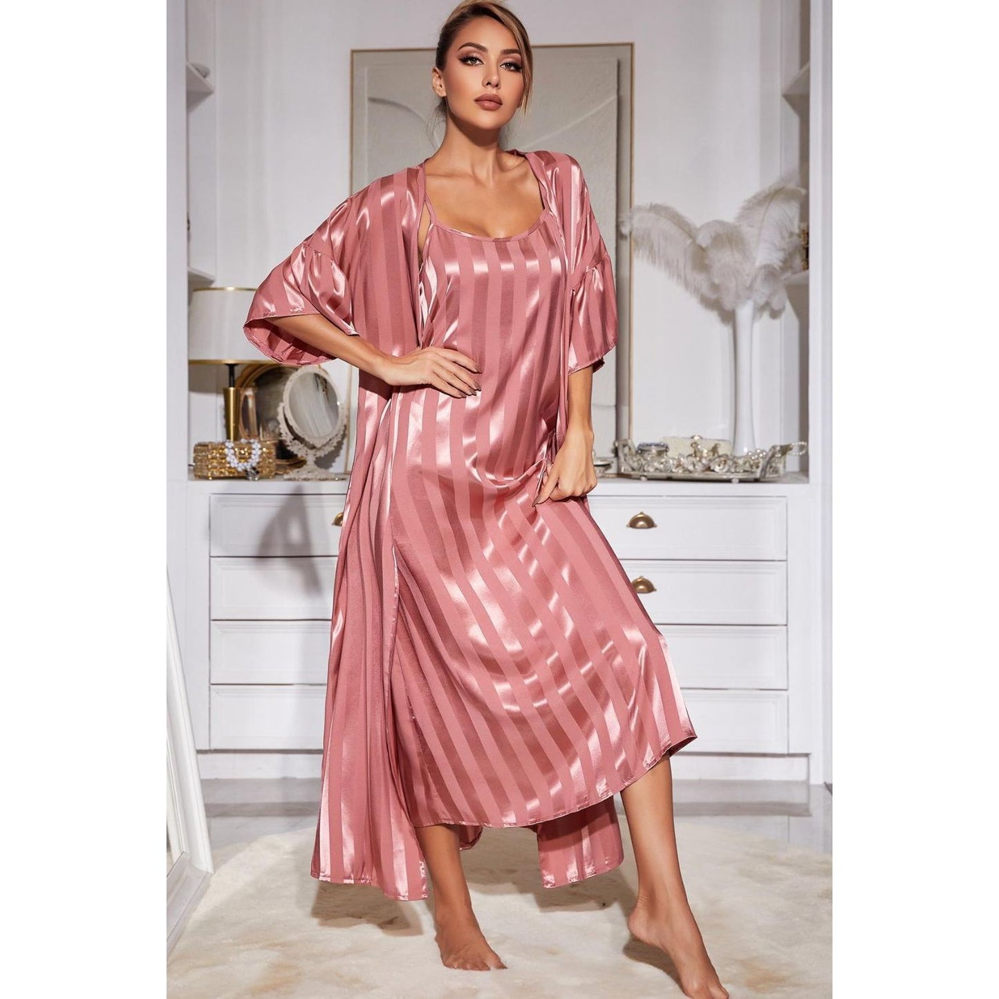 Striped Flounce Sleeve Open Front Robe and Cami Dress Set