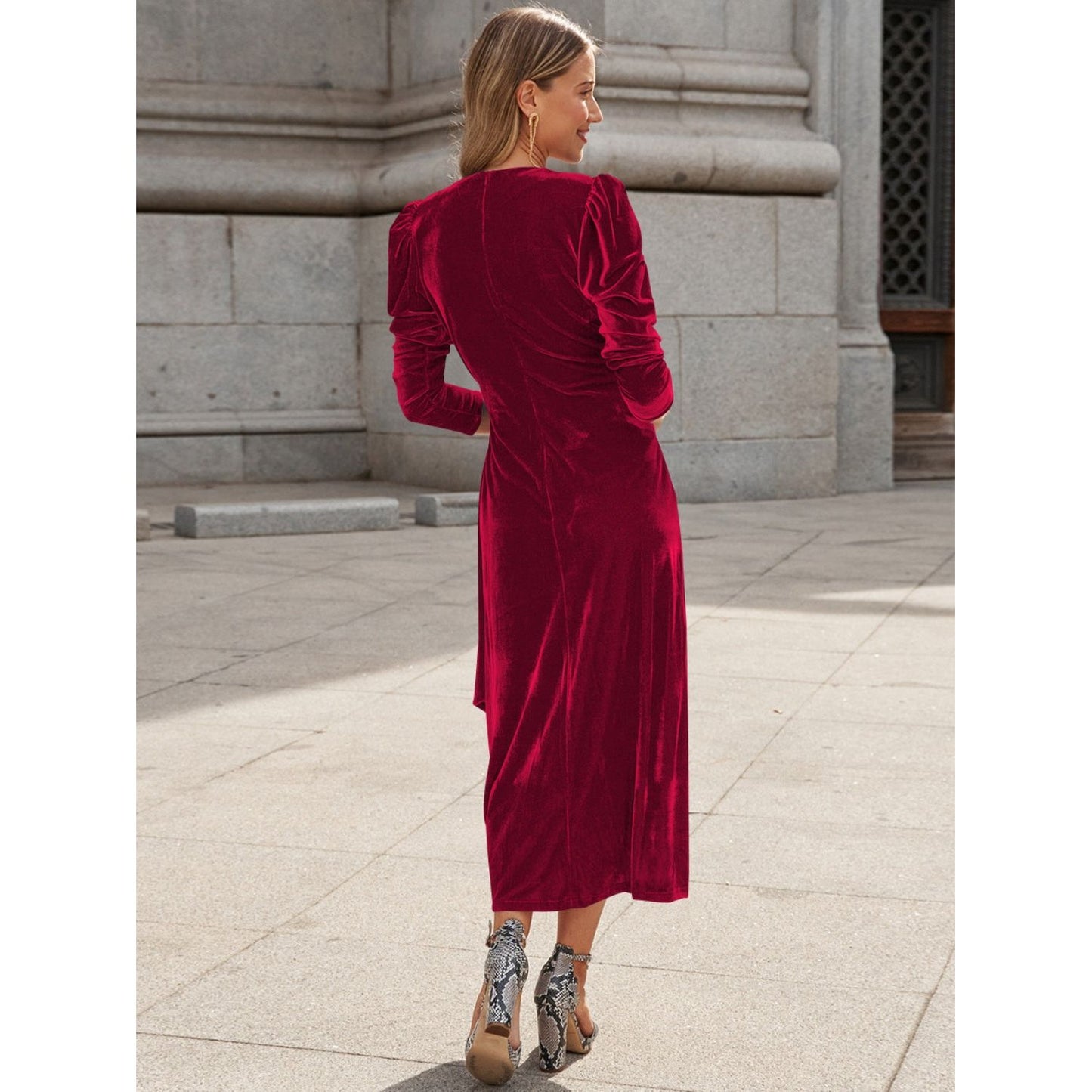 Surplice Puff Sleeve Midi Dress