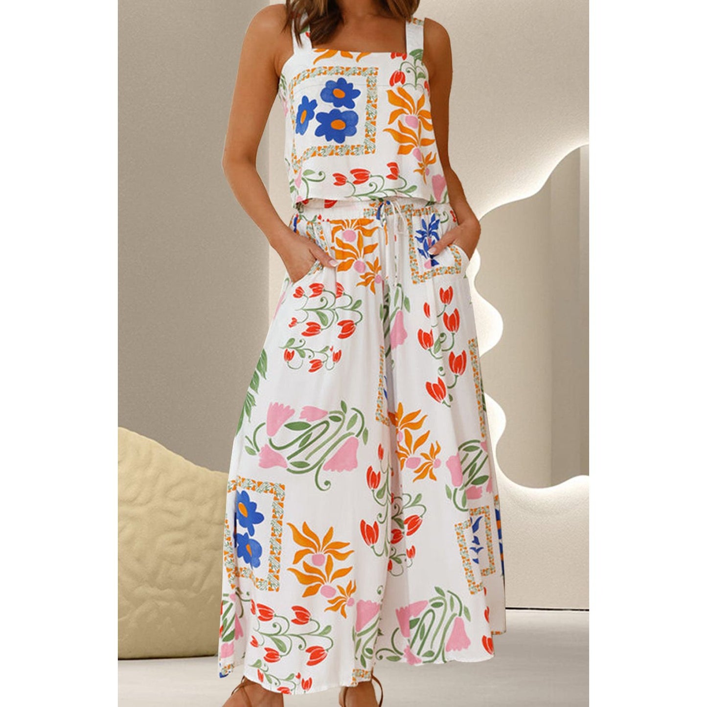 Printed Square Neck Top and Pants Set