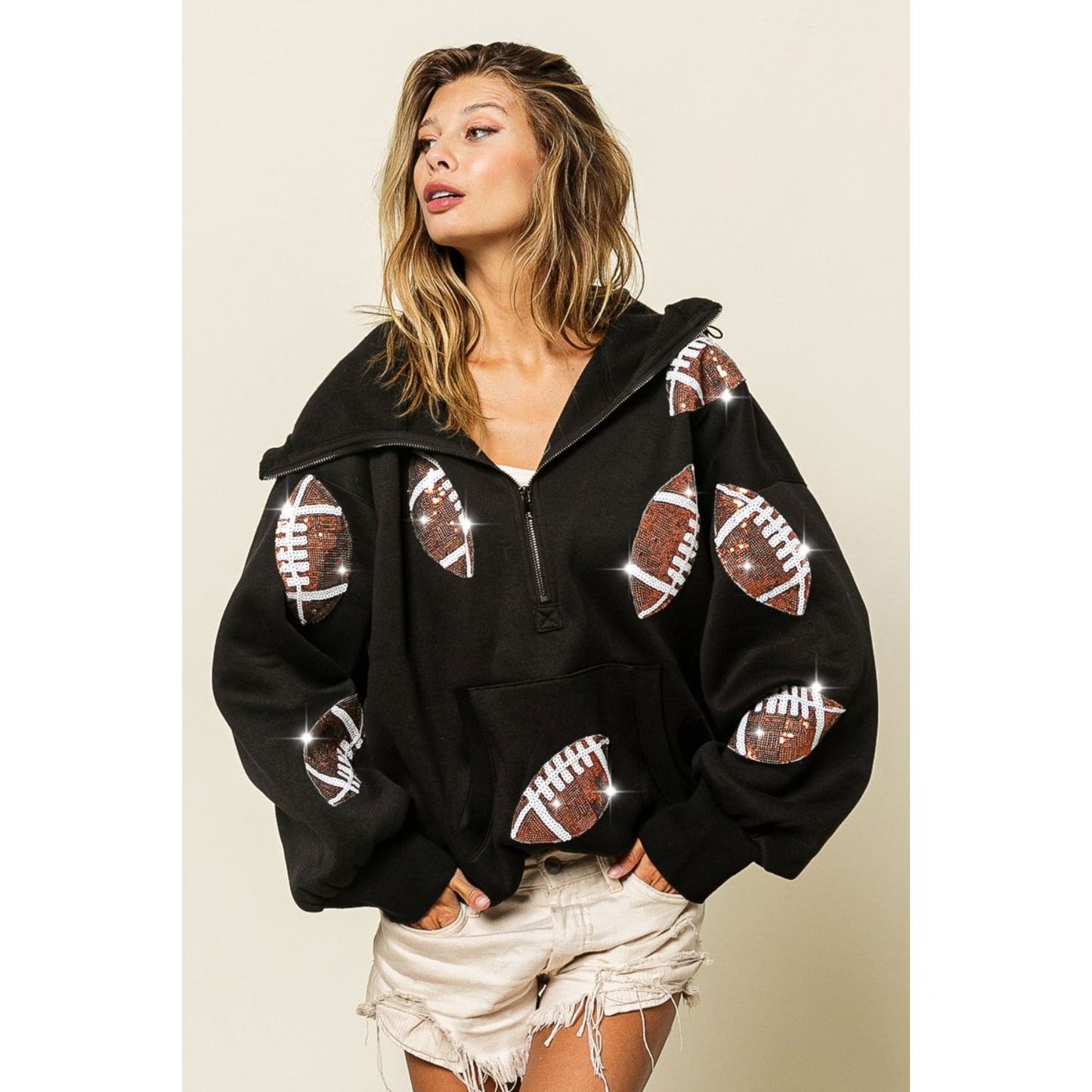 BiBi Sequin Football Half Zip Hoodie