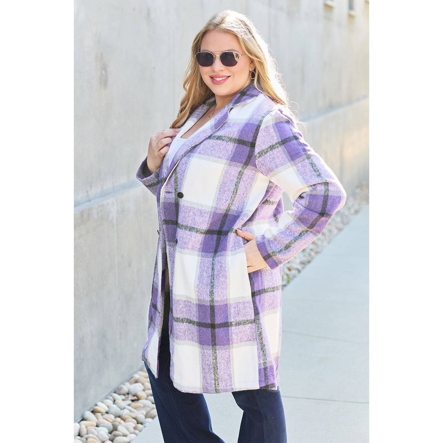 Double Take Full Size Plaid Button Up Lapel Collar Coat