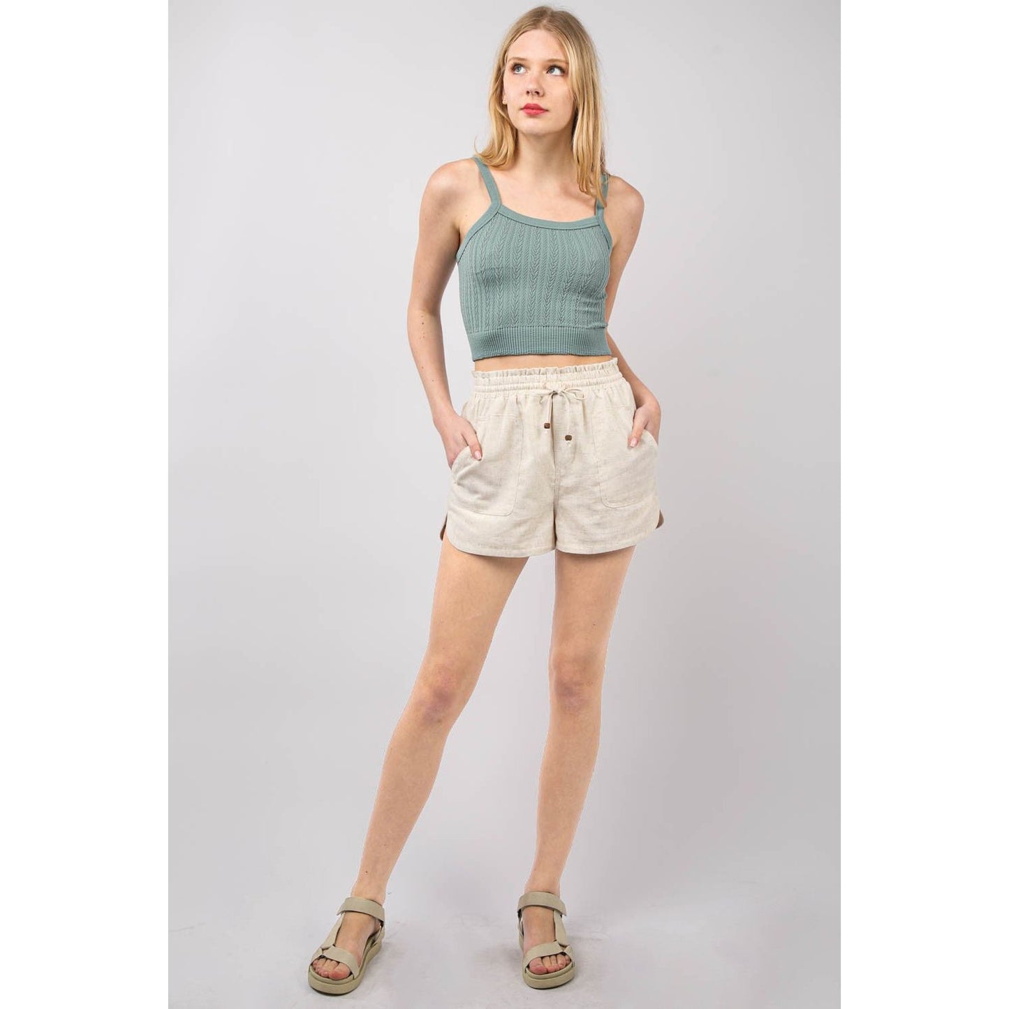 VERY J Drawstring Elastic Waist Linen Shorts