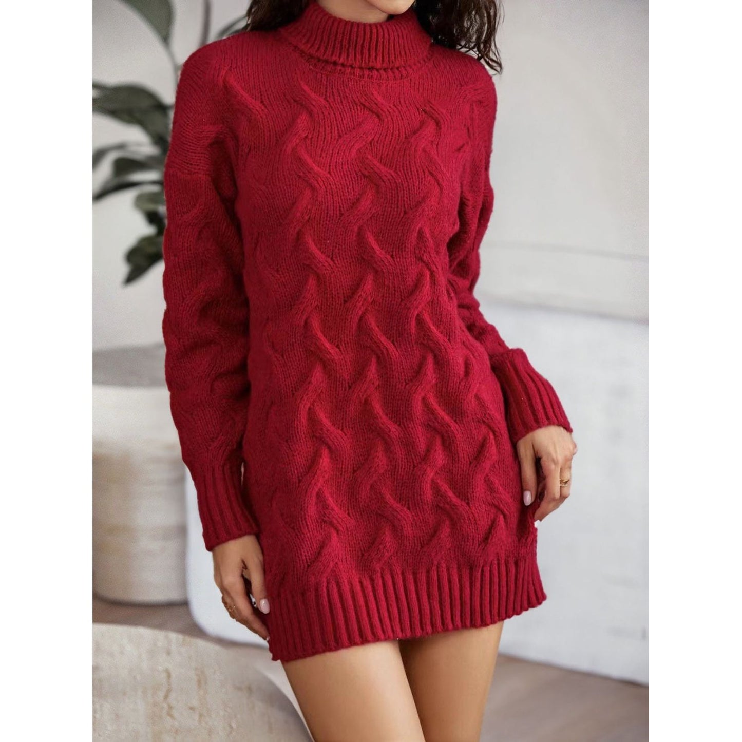 Cable-Knit Turtleneck Sweater Dress