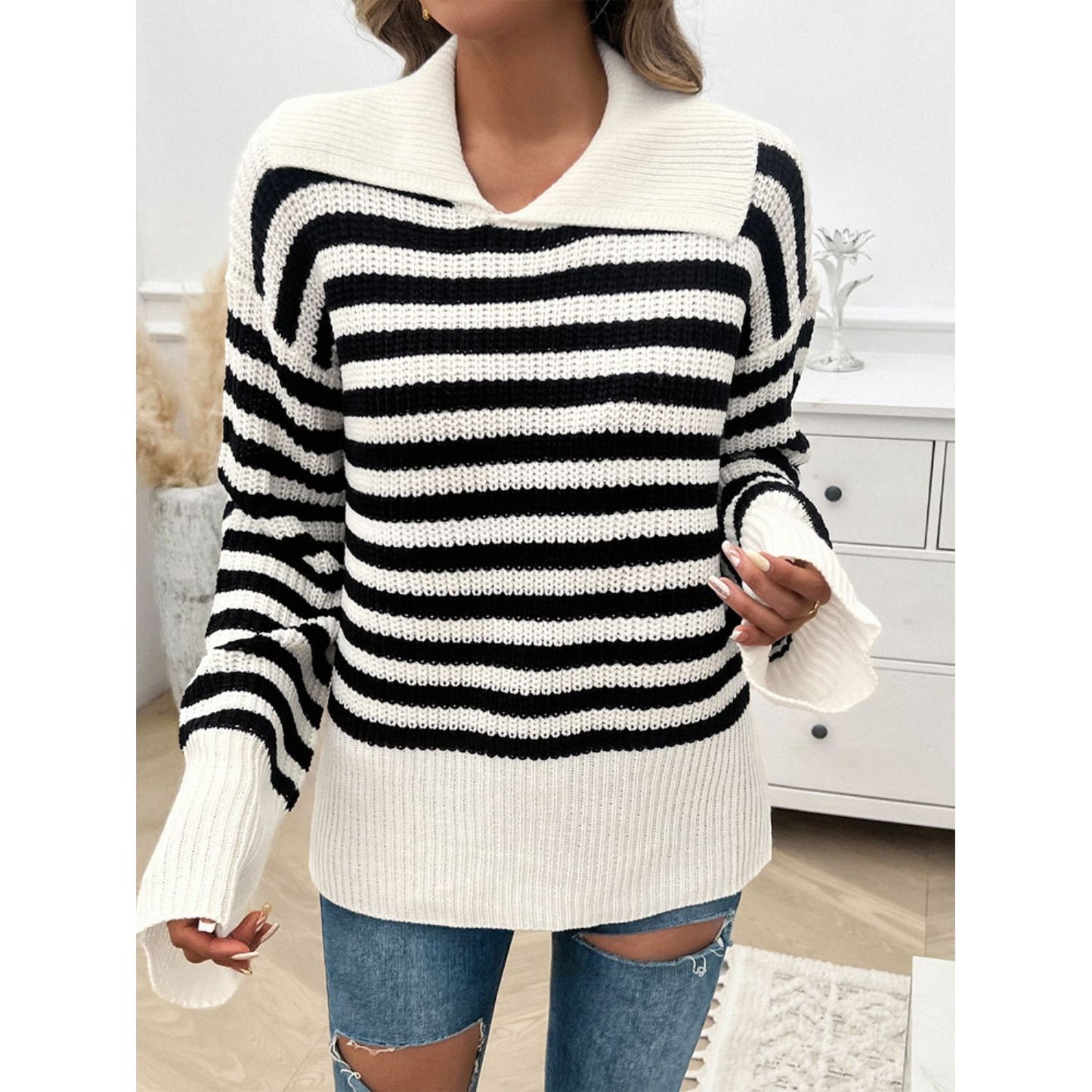 Devine Striped Collared Neck Long Sleeve Sweater