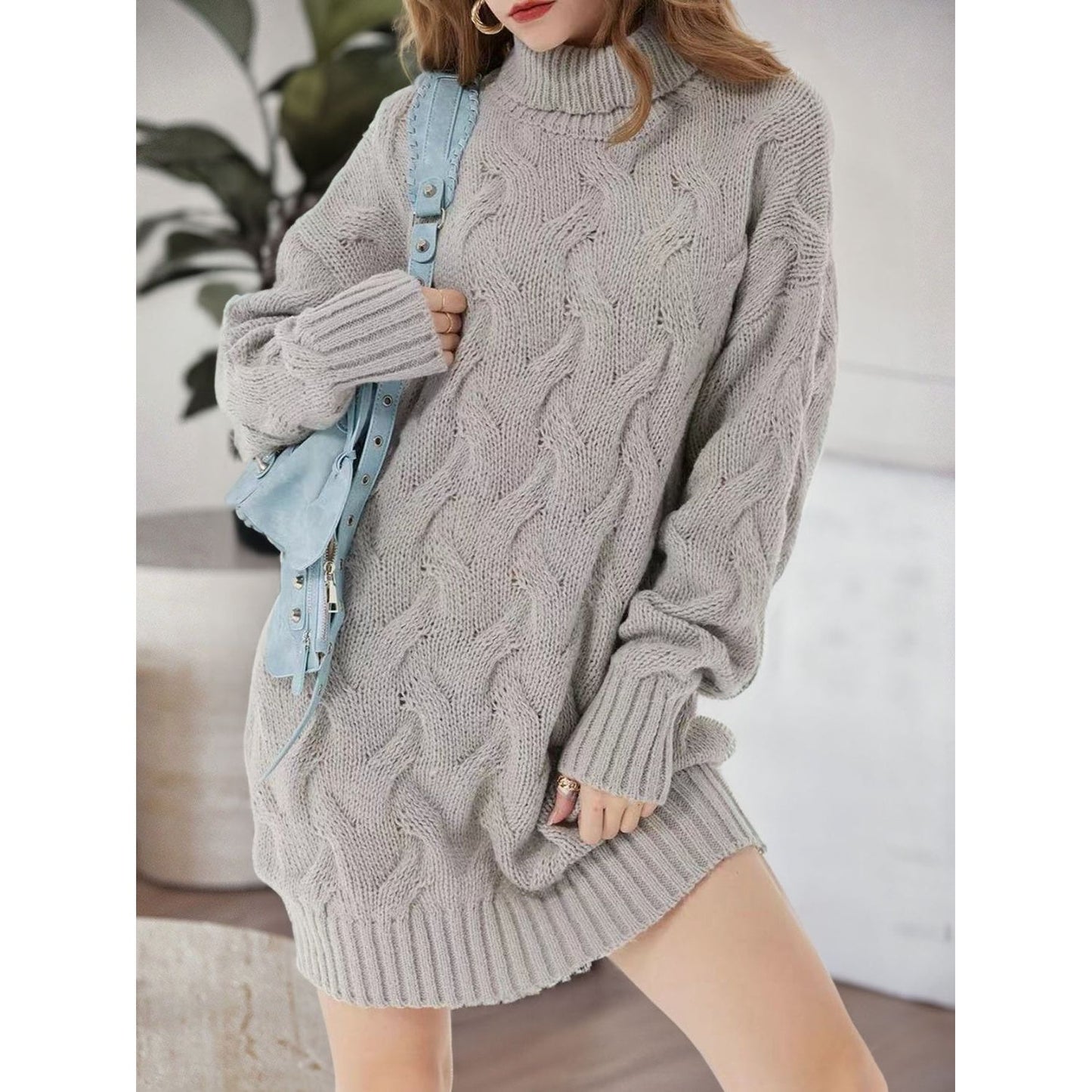 Cable-Knit Turtleneck Sweater Dress