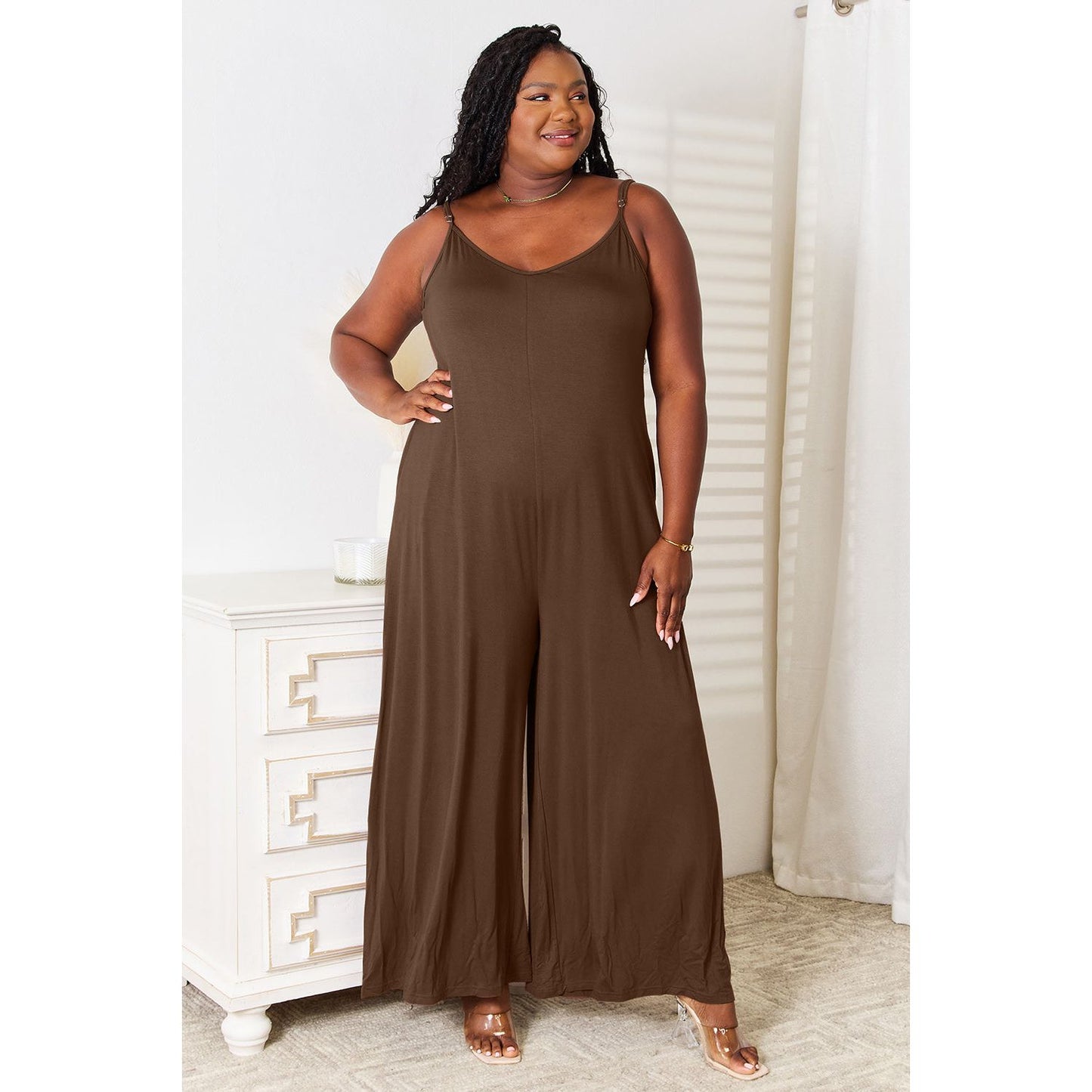 Double Take Full Size Soft Rayon Spaghetti Strap Tied Wide Leg Jumpsuit